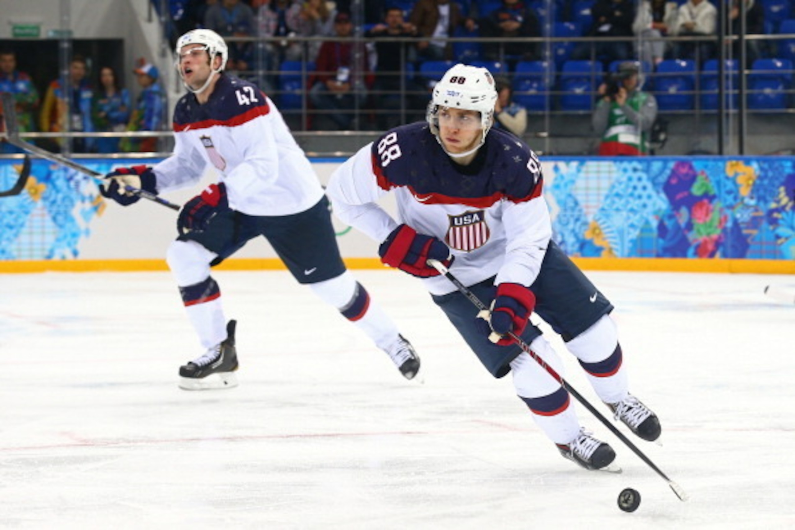 SOCHI, RUSSIA - FEBRUARY 19:  Patrick Kane #88 of the United States skates against the Czech Republic during the Men's Ice Hockey Quarterfinal Playoff on Day 12 of the 2014 Sochi Winter Olympics at Shayba Arena on February 19, 2014 in Sochi, Russia.  (Pho