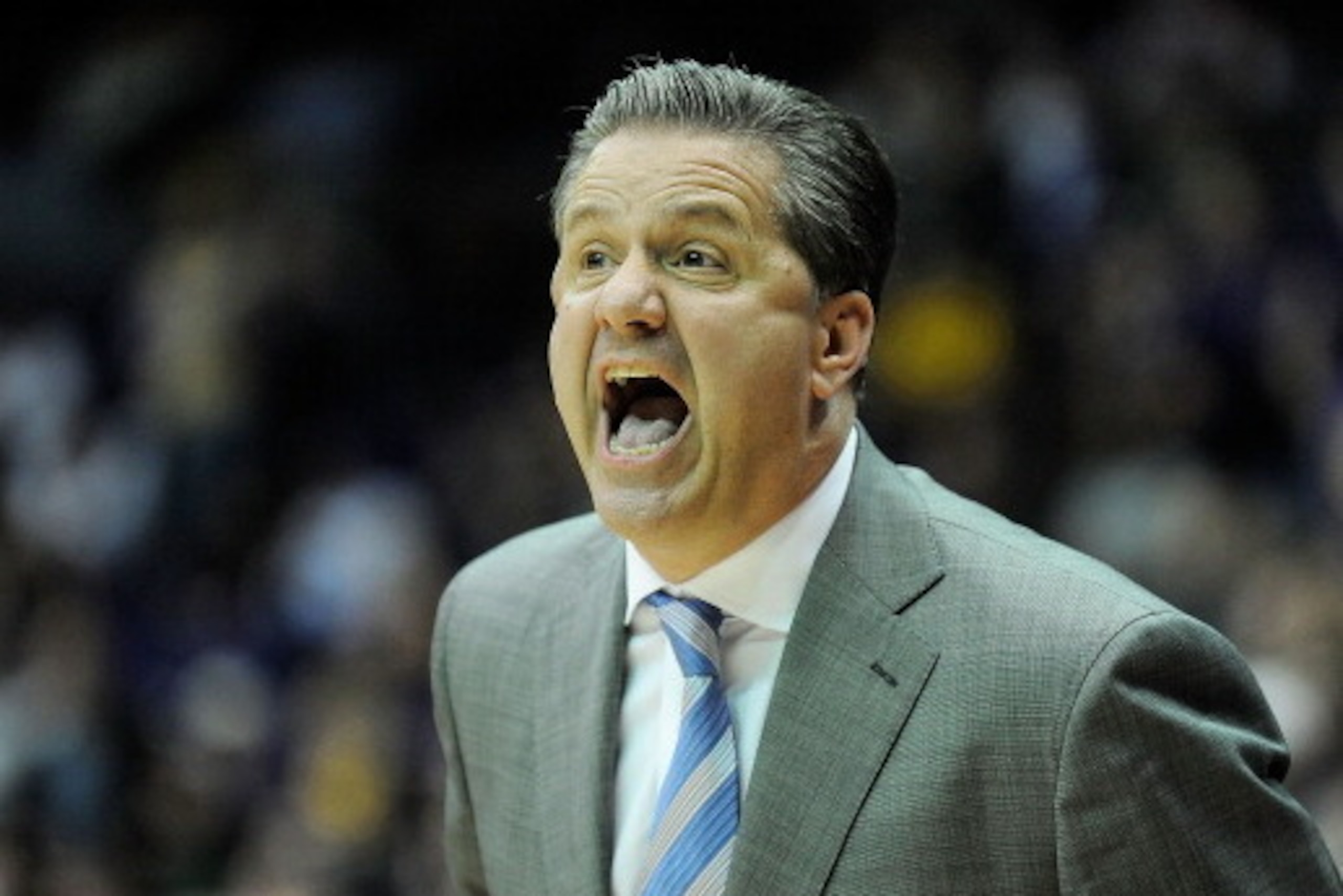 BATON ROUGE, LA - JANUARY 28:  Head coach John Calipari of the Kentucky Wildcats reacts to a called foul during a game against the LSU Tigers at the Pete Maravich Assembly Center on January 28, 2014 in Baton Rouge, Louisiana.  LSU won the game 87-82.  (Ph