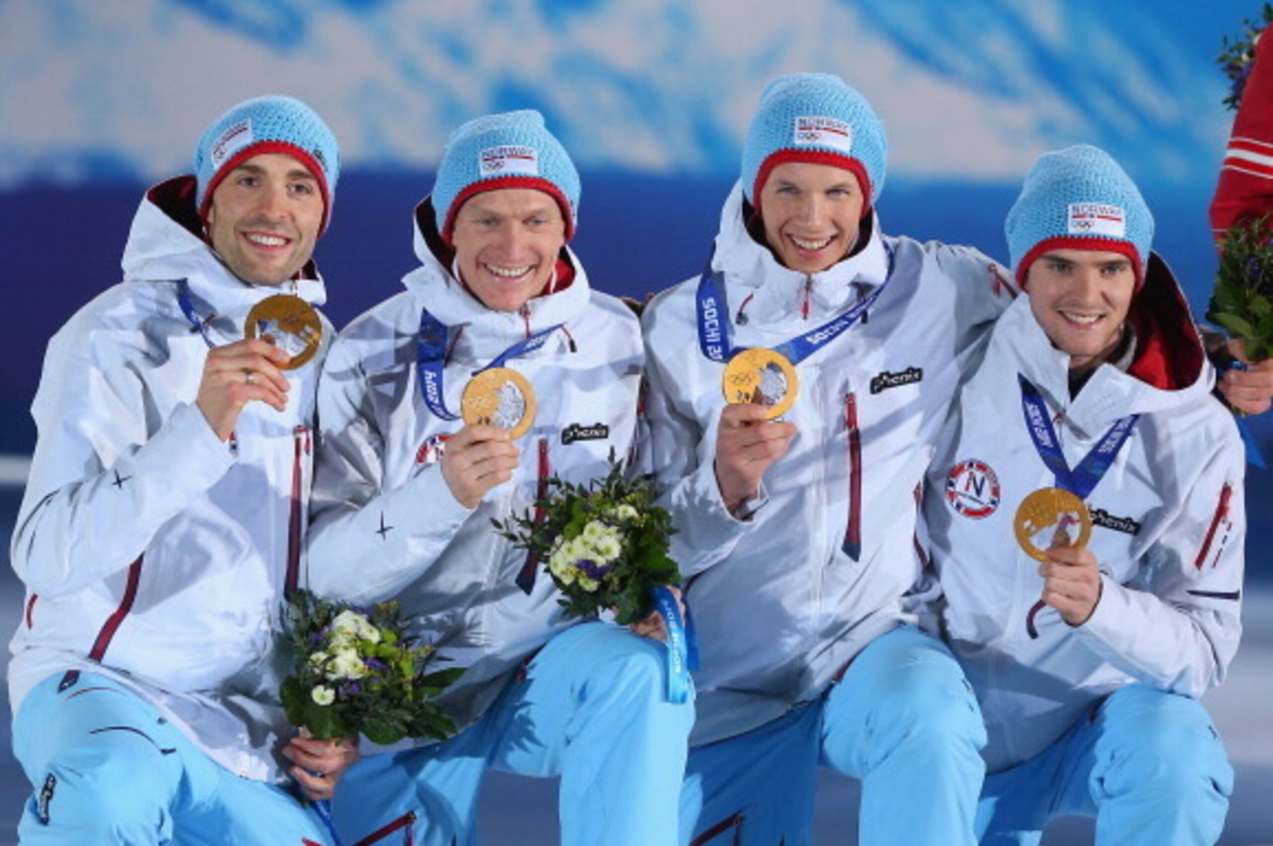 SOCHI, RUSSIA - FEBRUARY 20:  (L ot R) Gold medalists Magnus Hovdal Moan, Haavard Klemetsen, Magnus Krog and Joergen Graabak of Norway celebrate during the medal ceremony for the Nordic Combined Team Large Hill / 4 x 5 km on day thirteen of the Sochi 2014