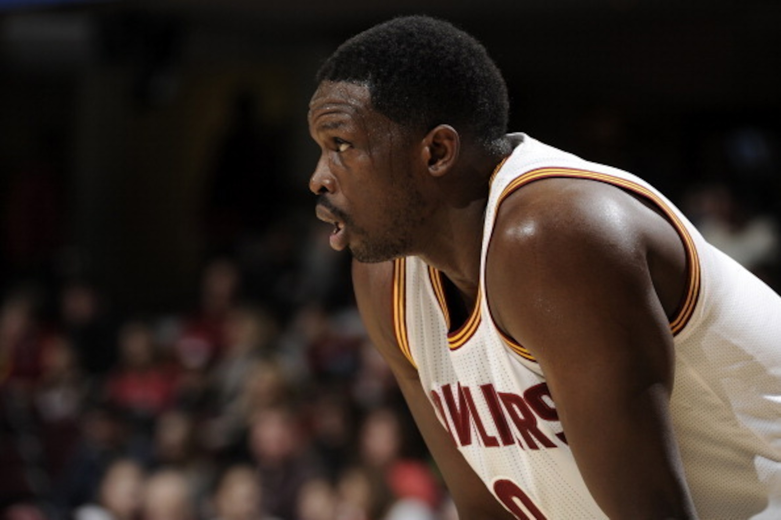 CLEVELAND, OH - JANUARY 20:  Luol Deng #9 of the Cleveland Cavaliers looks on during the game the Dallas Mavericks at The Quicken Loans Arena on January 20, 2014 in Cleveland, Ohio. NOTE TO USER: User expressly acknowledges and agrees that, by downloading