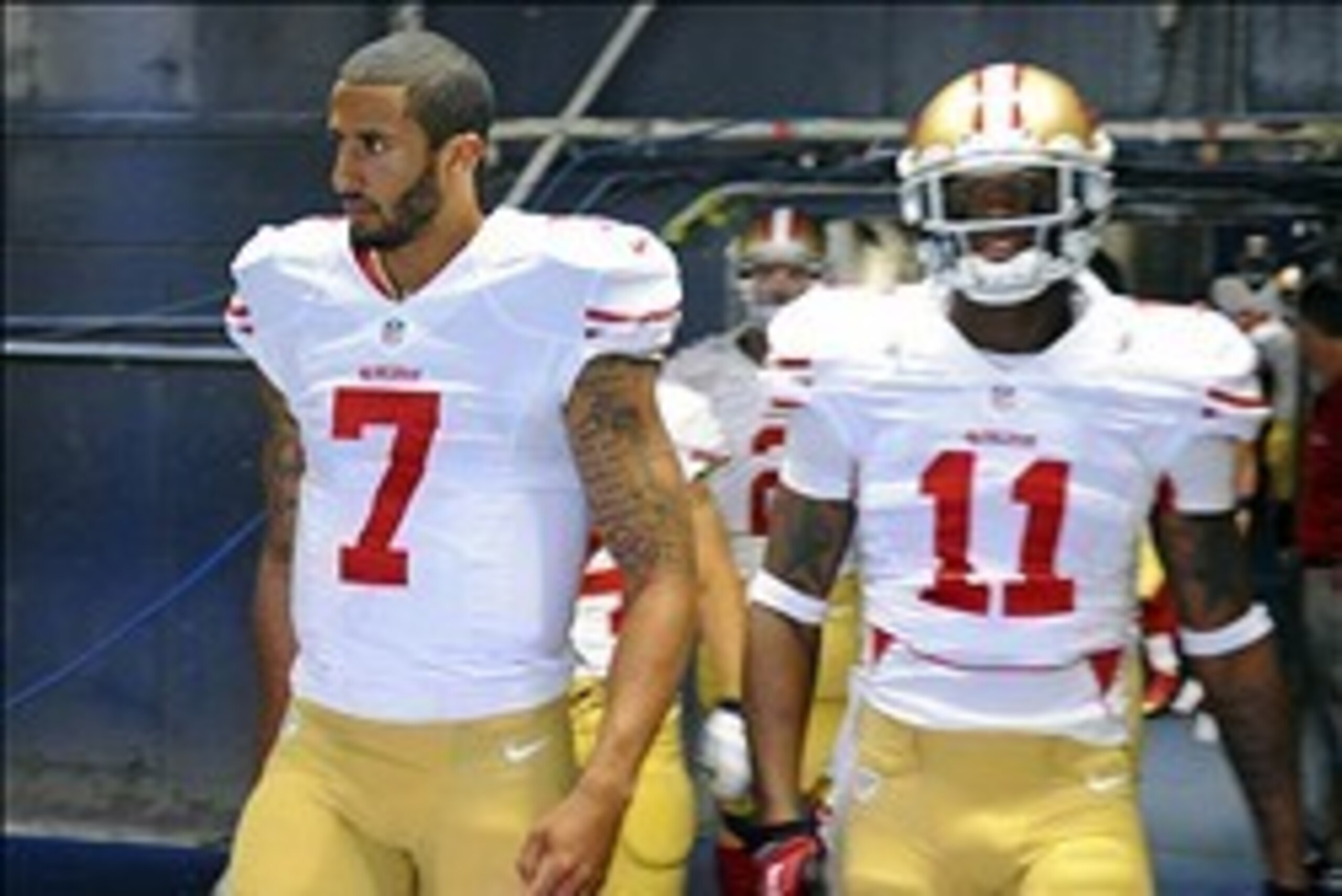 Aug 29, 2013; San Diego, CA, USA; San Francisco 49ers quarterback Colin Kaepernick (7) and receiver Quinton Patton (11) prior to the game against the San Diego Chargers at Qualcomm Stadium. Mandatory Credit: Christopher Hanewinckel-USA TODAY Sports