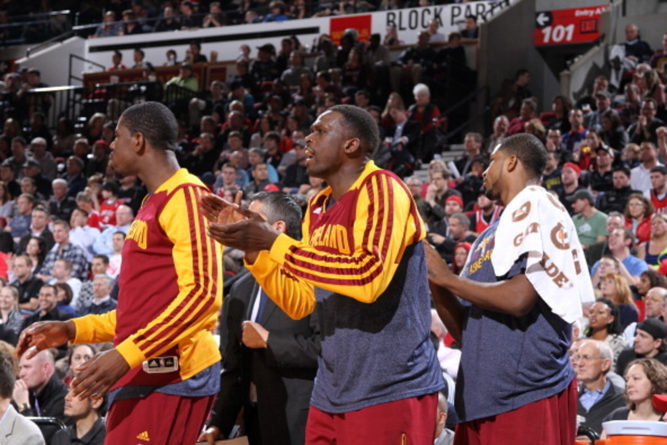 PORTLAND, OR - JANUARY 15:  Luol Deng #9 of the Cleveland Cavaliers celebrating with the bench during a game against the Portland Trail Blazers on January 15, 2014 at the Moda Center Arena in Portland, Oregon. NOTE TO USER: User expressly acknowledges and
