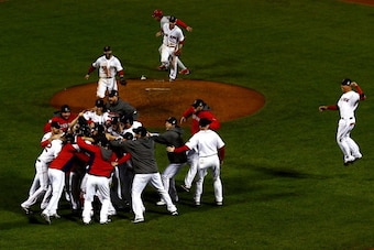 BOSTON, MA - OCTOBER 30:  The Boston Red Sox celebrate after defeating the St. Louis Cardinals in Game Six of the 2013 World Series at Fenway Park on October 30, 2013 in Boston, Massachusetts. The Boston Red Sox defeated the St. Louis Cardinals 6-1.  (Pho