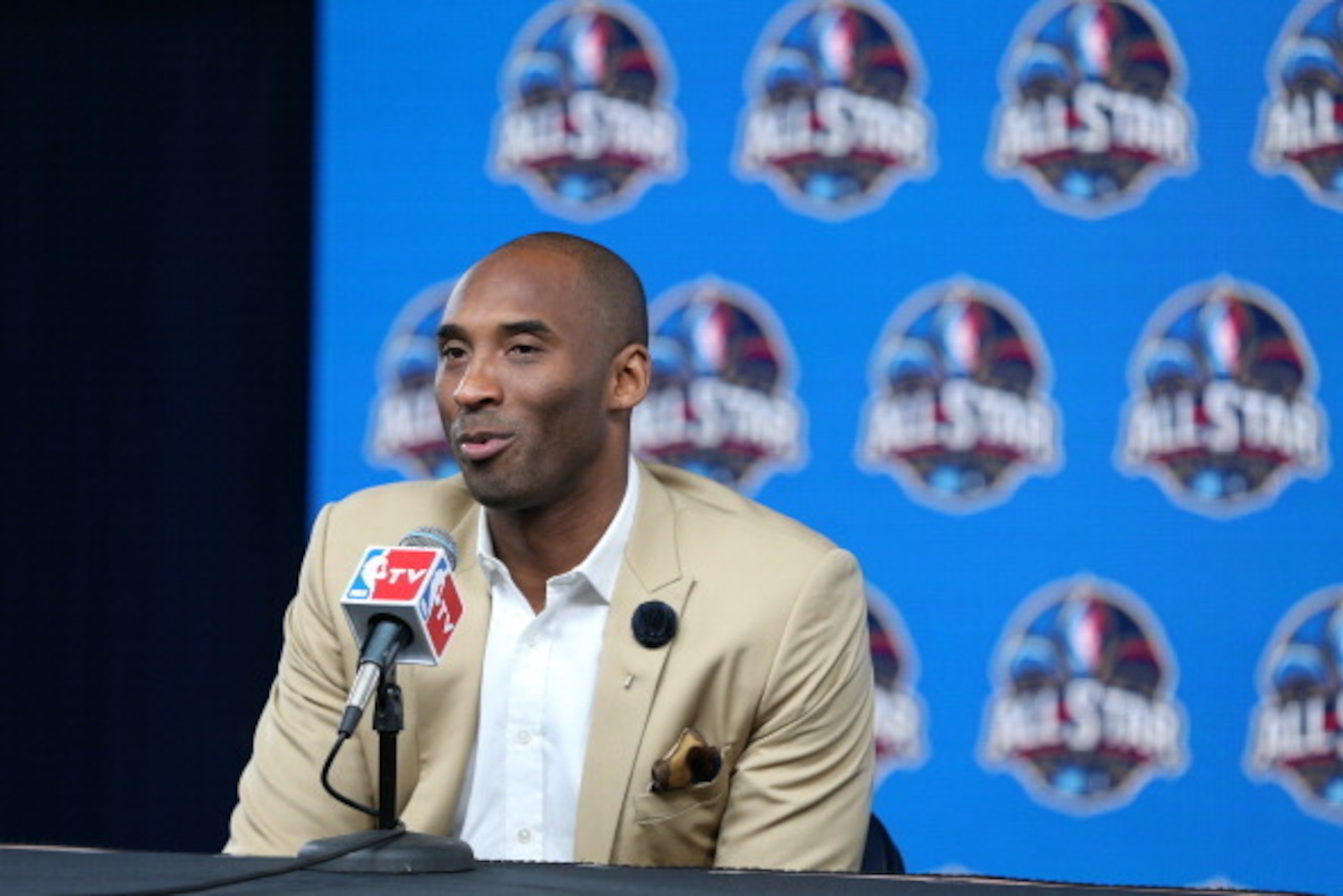 NEW ORLEANS, LA - FEBRUARY 16: Kobe Bryant #24 of the Western Conference All-Stars talks to the media during the 2014 NBA All-Star Game at Smoothie King Center on February 16, 2014 in New Orleans, Louisiana. NOTE TO USER: User expressly acknowledges and a
