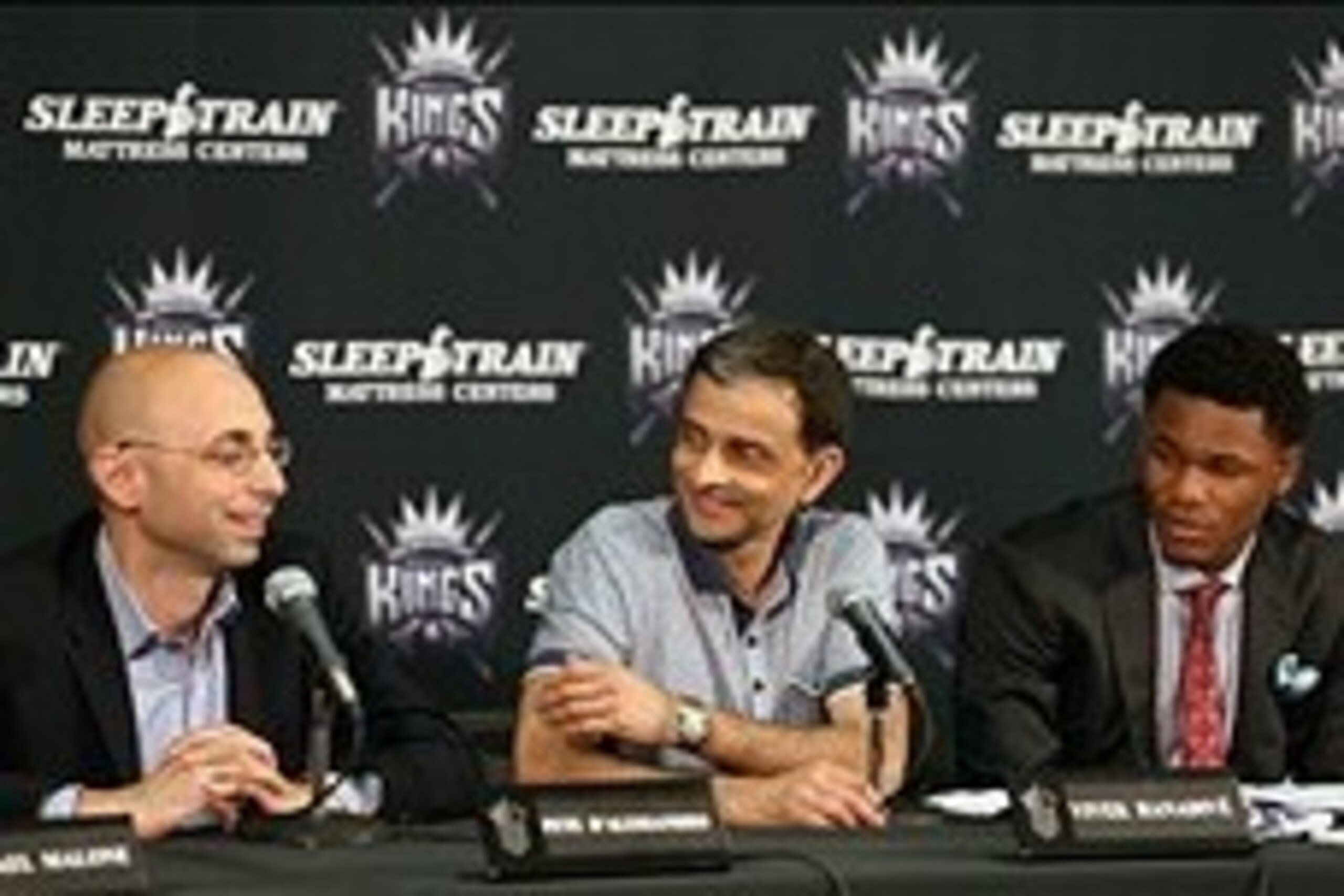 Jul 1, 2013; Sacramento, CA, USA; Sacramento Kings general manager Pete DAlessandro, majority owner Vivek Ranadive and first round draft pick Ben McLemore during a press conference at the Sleep Train Arena press room. Mandatory Credit: Kelley L Cox-USA TO