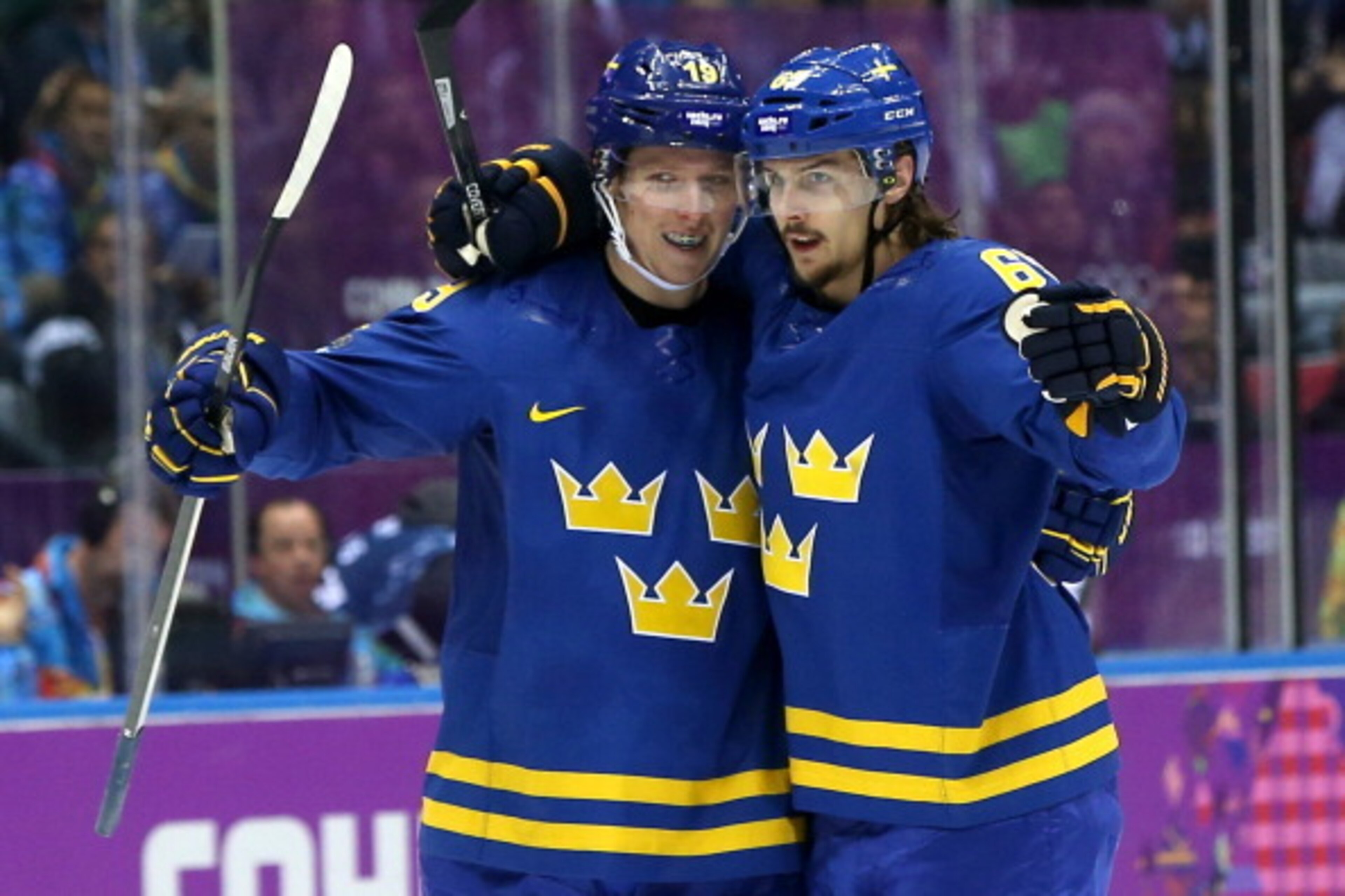 SOCHI, RUSSIA - FEBRUARY 12:  Erik Karlsson #65 of Sweden celebrates with his teammate after scoring a goal in the second period against Alexander Salak #53 of Czech Republic during the Men's Ice Hockey Preliminary Round Group C game on day five of the So
