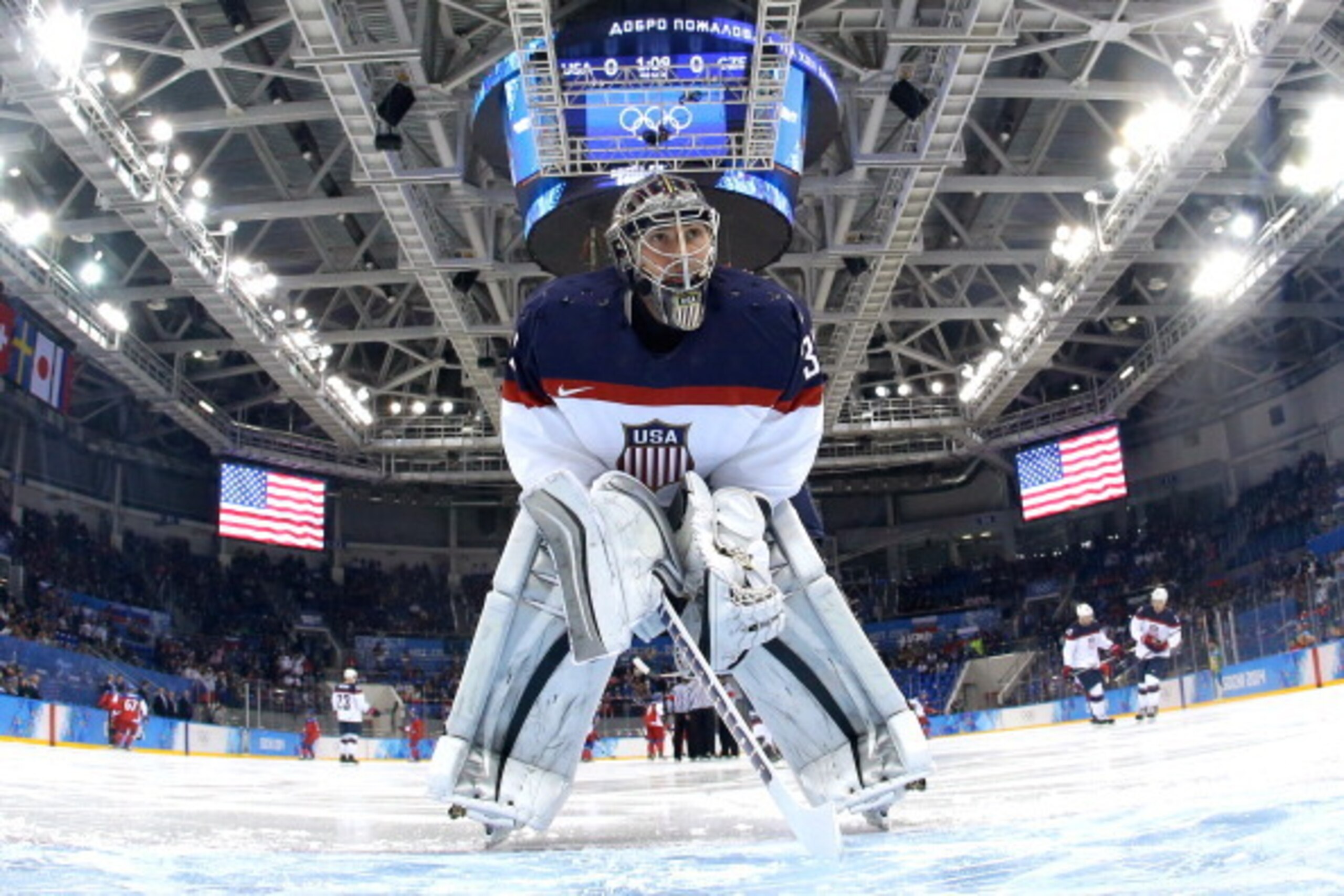 SOCHI, - - FEBRUARY 19:  Jonathan Quick #32 of the United States looks on during the Men's Ice Hockey Quarterfinal Playoff on Day 12 of the 2014 Sochi Winter Olympics at Shayba Arena on February 19, 2014 in Sochi, Russia.  (Photo by Pool/Getty Images)