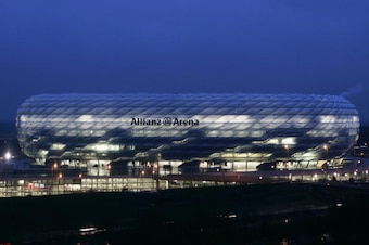 MUNICH, GERMANY - APRIL 20:  An illumination test is run on the Allianz Arena on April 20, 2005 in Munich. The Allianz Arena will be the future home stadium of soccer clubs FC Bayern Munich and TSV 1860 Munich and will also host the opening game of the FI