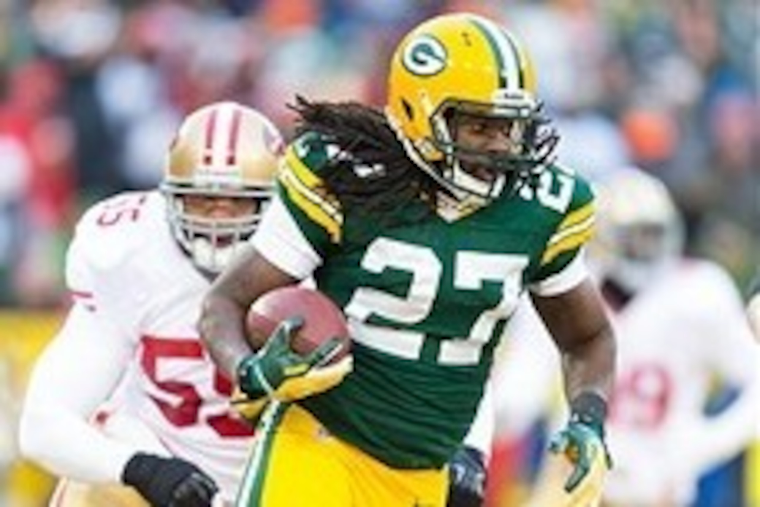 Jan 5, 2014; Green Bay, WI, USA; Green Bay Packers running back Eddie Lacy (27) during the 2013 NFC wild card playoff football game against the San Francisco 49ers at Lambeau Field. San Francisco won 23-20. Mandatory Credit: Jeff Hanisch-USA TODAY Sport Jan 5, 2014; Green Bay, WI, USA; Green Bay Packers running back Eddie Lacy (27) during the 2013 NFC wild card playoff football game against the San Francisco 49ers at Lambeau Field. San Francisco won 23-20. Mandatory Credit: Jeff Hanisch-USA TODAY Sport