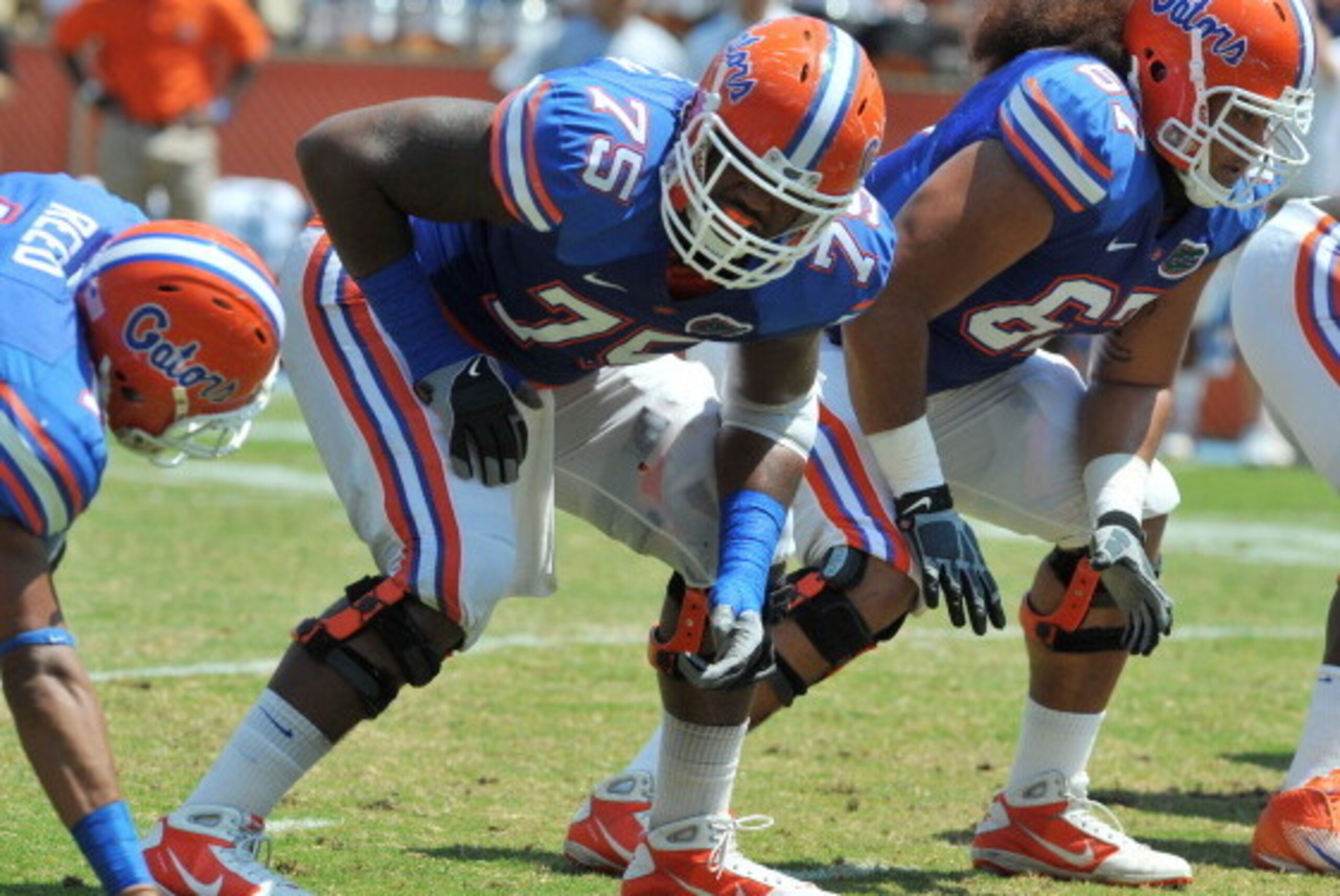 GAINESVILLE, FL - APRIL 9:  Tackle Chaz Green #75 of the Florida Gators sets for play during the Orange and Blue spring football game April 9, 2011 at Ben Hill Griffin Stadium in Gainesville, Florida.  (Photo by Al Messerschmidt/Getty Images)