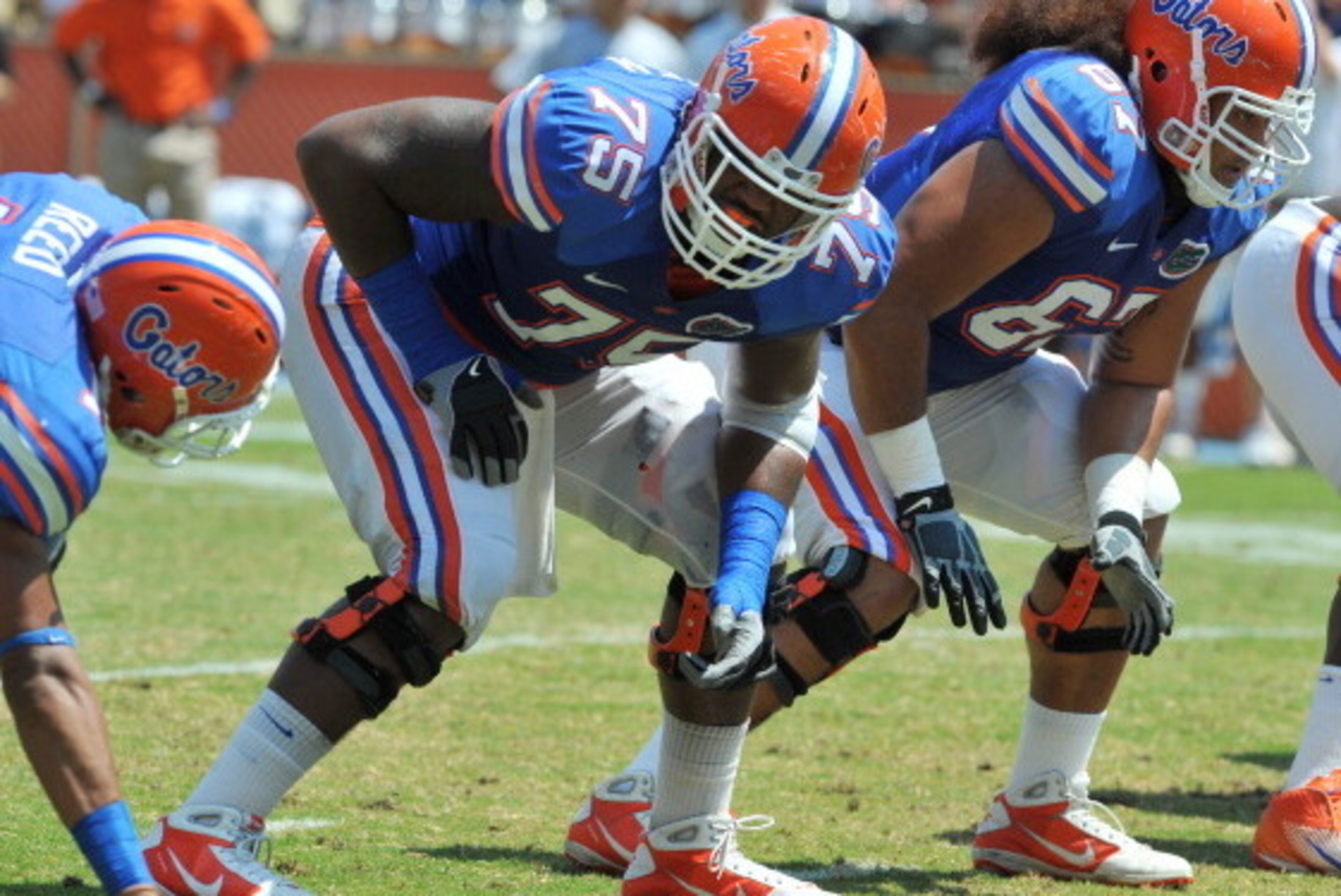 GAINESVILLE, FL - APRIL 9:  Tackle Chaz Green #75 of the Florida Gators sets for play during the Orange and Blue spring football game April 9, 2011 at Ben Hill Griffin Stadium in Gainesville, Florida.  (Photo by Al Messerschmidt/Getty Images)