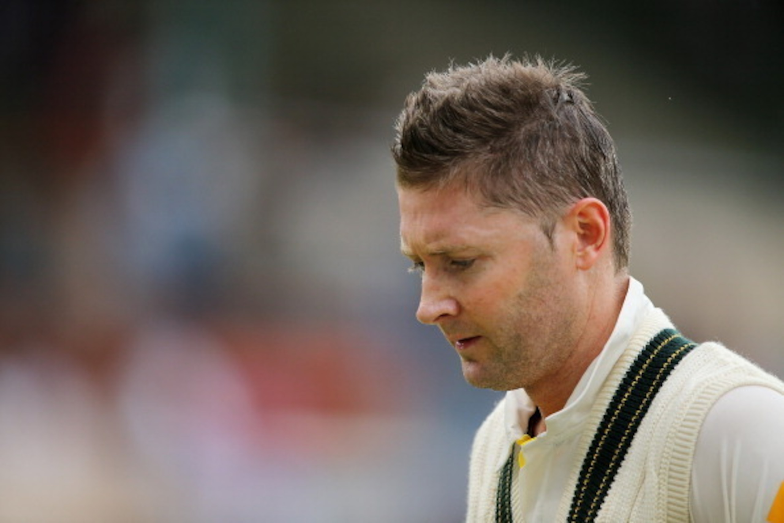 PORT ELIZABETH, SOUTH AFRICA - FEBRUARY 21:  Michael Clarke of Australia leaves the field after getting out to Vernon Philander of South Africa during day two of the Second Test match between South Africa and Australia at AXXESS St George's Cricket Stadiu