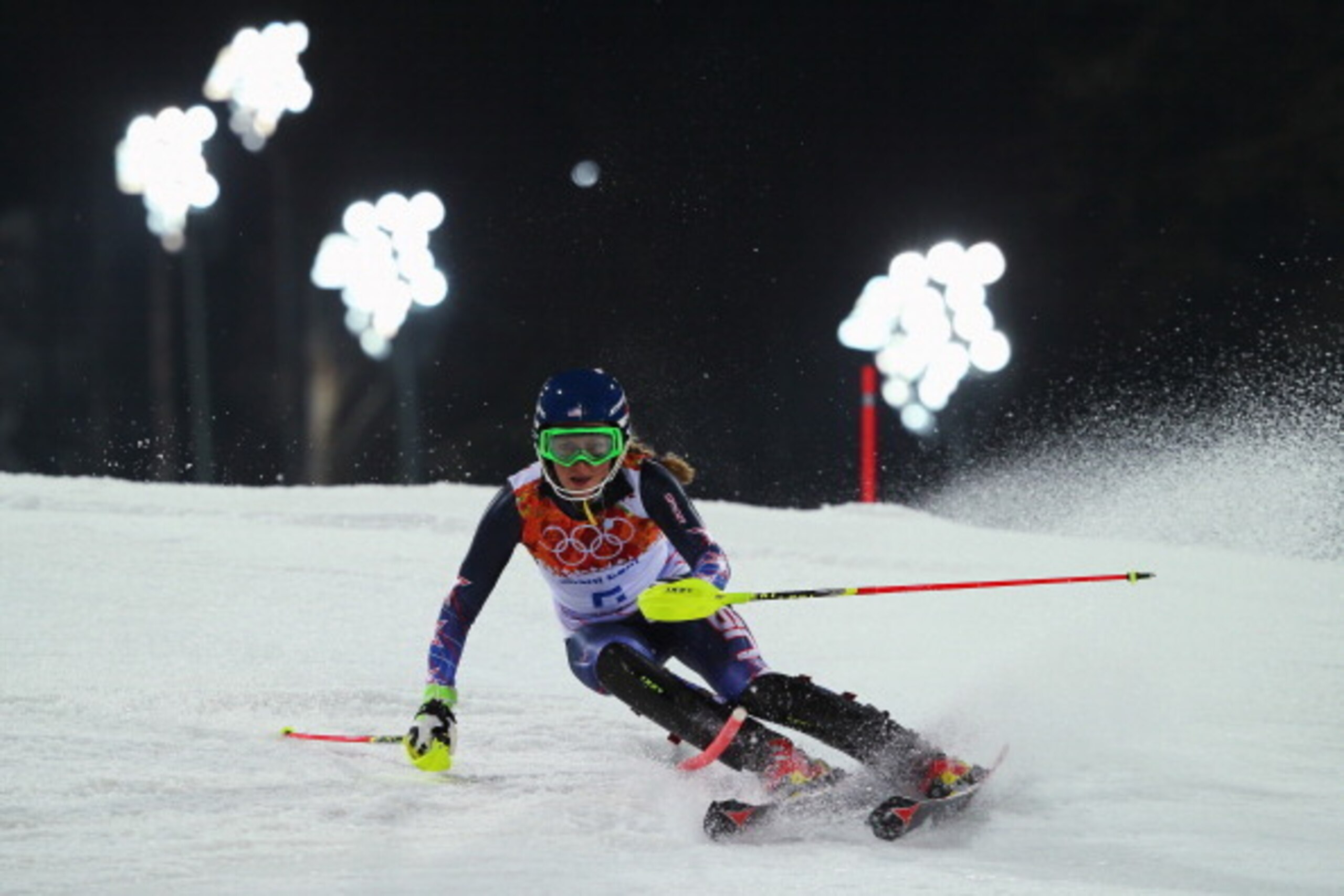 SOCHI, RUSSIA - FEBRUARY 21:  Mikaela Shiffrin of the United States in action during the Women's Slalom during day 14 of the Sochi 2014 Winter Olympics at Rosa Khutor Alpine Center on February 21, 2014 in Sochi, Russia.  (Photo by Clive Rose/Getty Images)