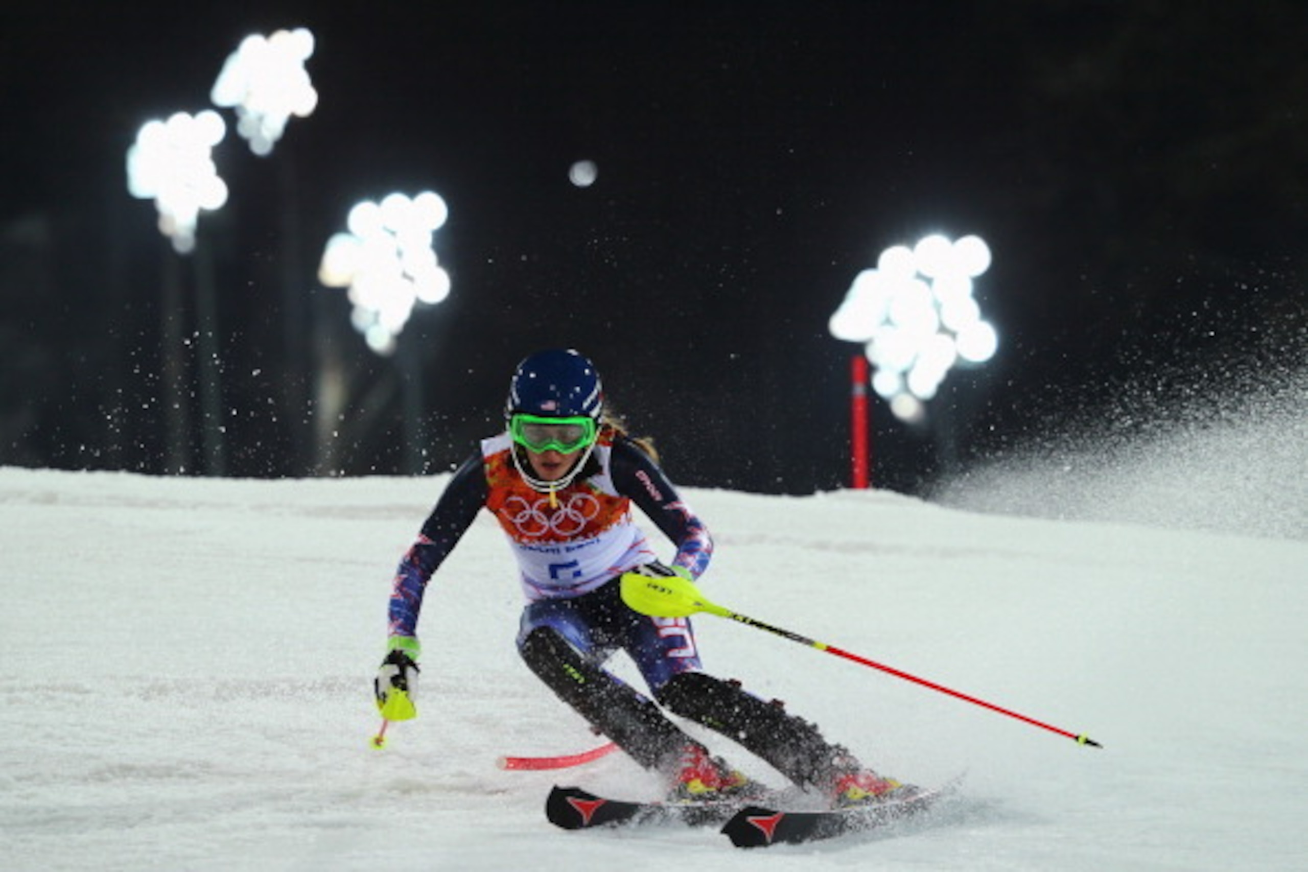 SOCHI, RUSSIA - FEBRUARY 21: Mikaela Shiffrin of the United States in action during the Women's Slalom during day 14 of the Sochi 2014 Winter Olympics at Rosa Khutor Alpine Center on February 21, 2014 in Sochi, Russia.  (Photo by Clive Rose/Getty Images)