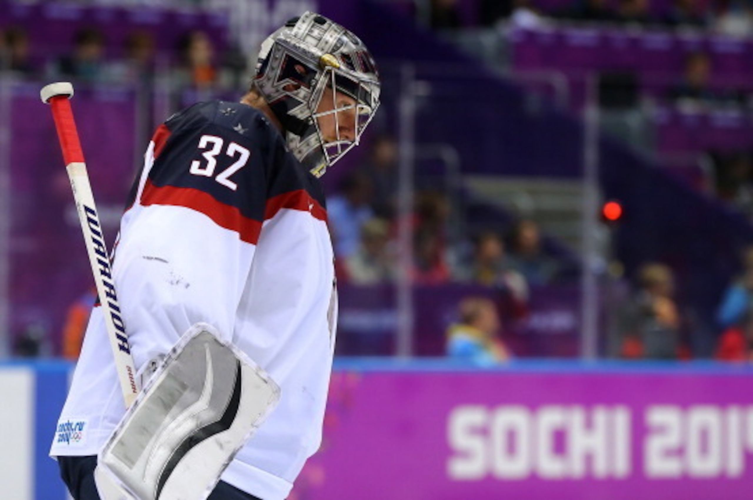 SOCHI, RUSSIA - FEBRUARY 21:  Jonathan Quick #32 of the United States tends the net against Canada during the Men's Ice Hockey Semifinal Playoff on Day 14 of the 2014 Sochi Winter Olympics at Bolshoy Ice Dome on February 21, 2014 in Sochi, Russia.  (Photo