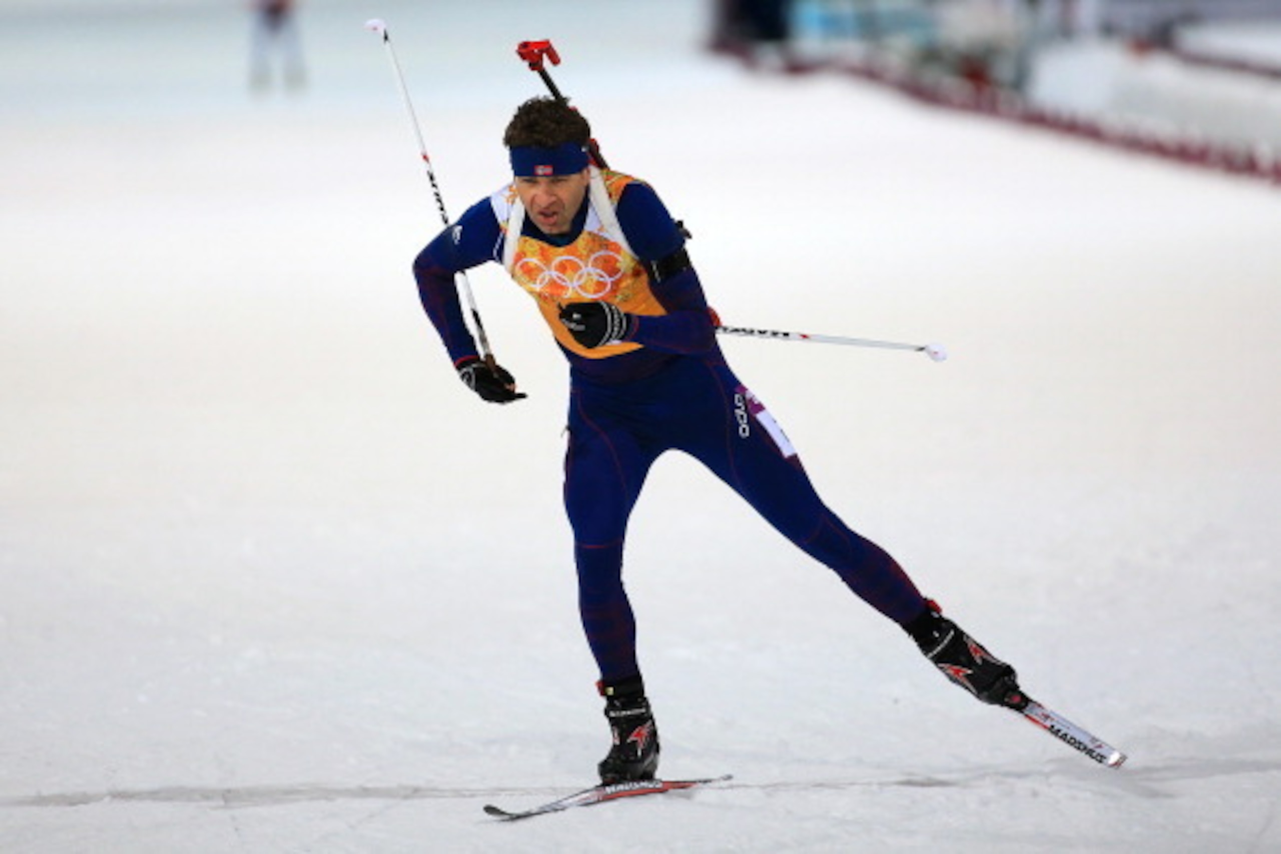 SOCHI, RUSSIA - FEBRUARY 19: Ole Einar Bjoerndalen of Norway competes in the 2 x 6 km Women + 2 x 7 km Men Mixed Relay during day 12 of the Sochi 2014 Winter Olympics at Laura Cross-country Ski & Biathlon Center on February 19, 2014 in Sochi, Russia. (P SOCHI, RUSSIA - FEBRUARY 19: Ole Einar Bjoerndalen of Norway competes in the 2 x 6 km Women + 2 x 7 km Men Mixed Relay during day 12 of the Sochi 2014 Winter Olympics at Laura Cross-country Ski & Biathlon Center on February 19, 2014 in Sochi, Russia. (P