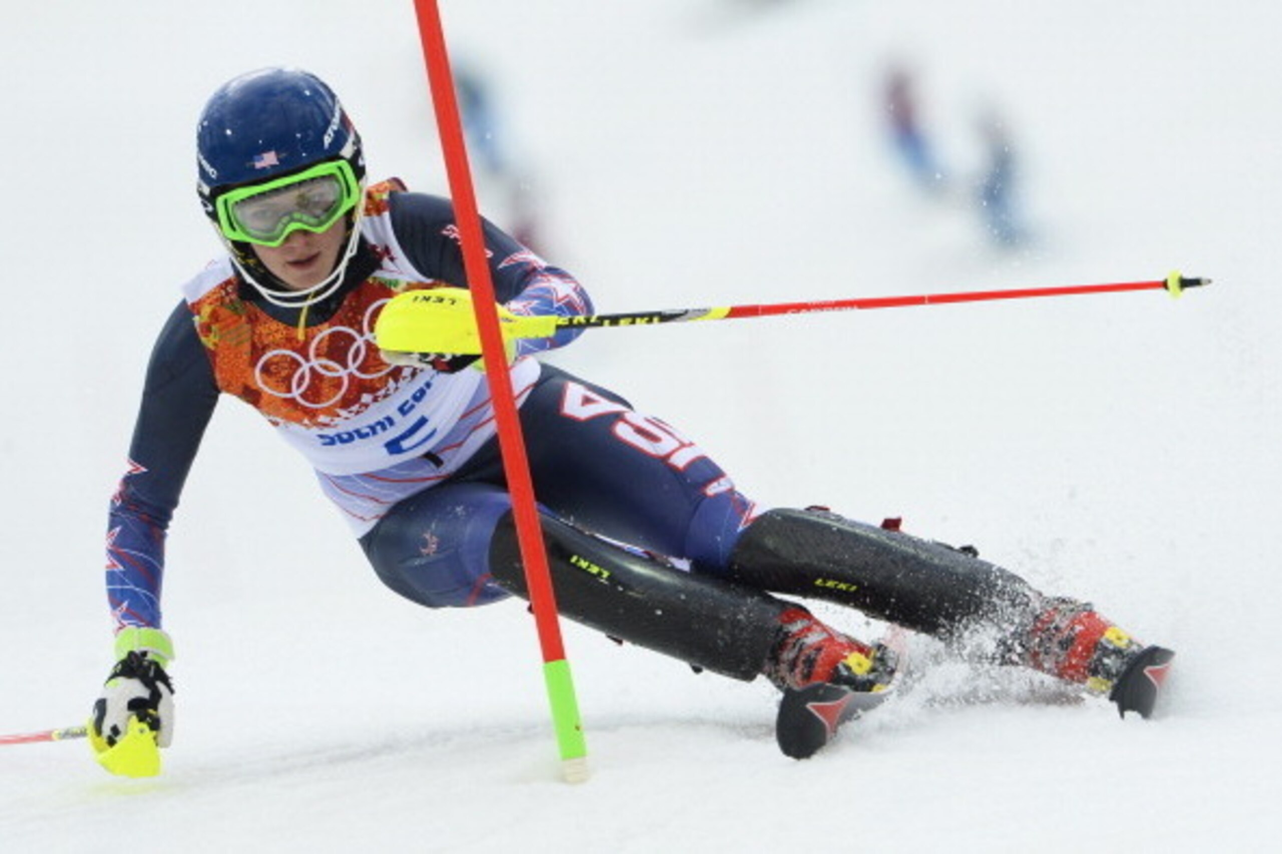 SOCHI, RUSSIA - FEBRUARY 21: (FRANCE OUT) Mikaela Shiffrin of the USA competes during the Alpine Skiing Women's Slalom at the Sochi 2014 Winter Olympic Games at Rosa Khutor Alpine Centre on February 21, 2014 in Sochi, Russia. (Photo by Alain Grosclaude/Ag