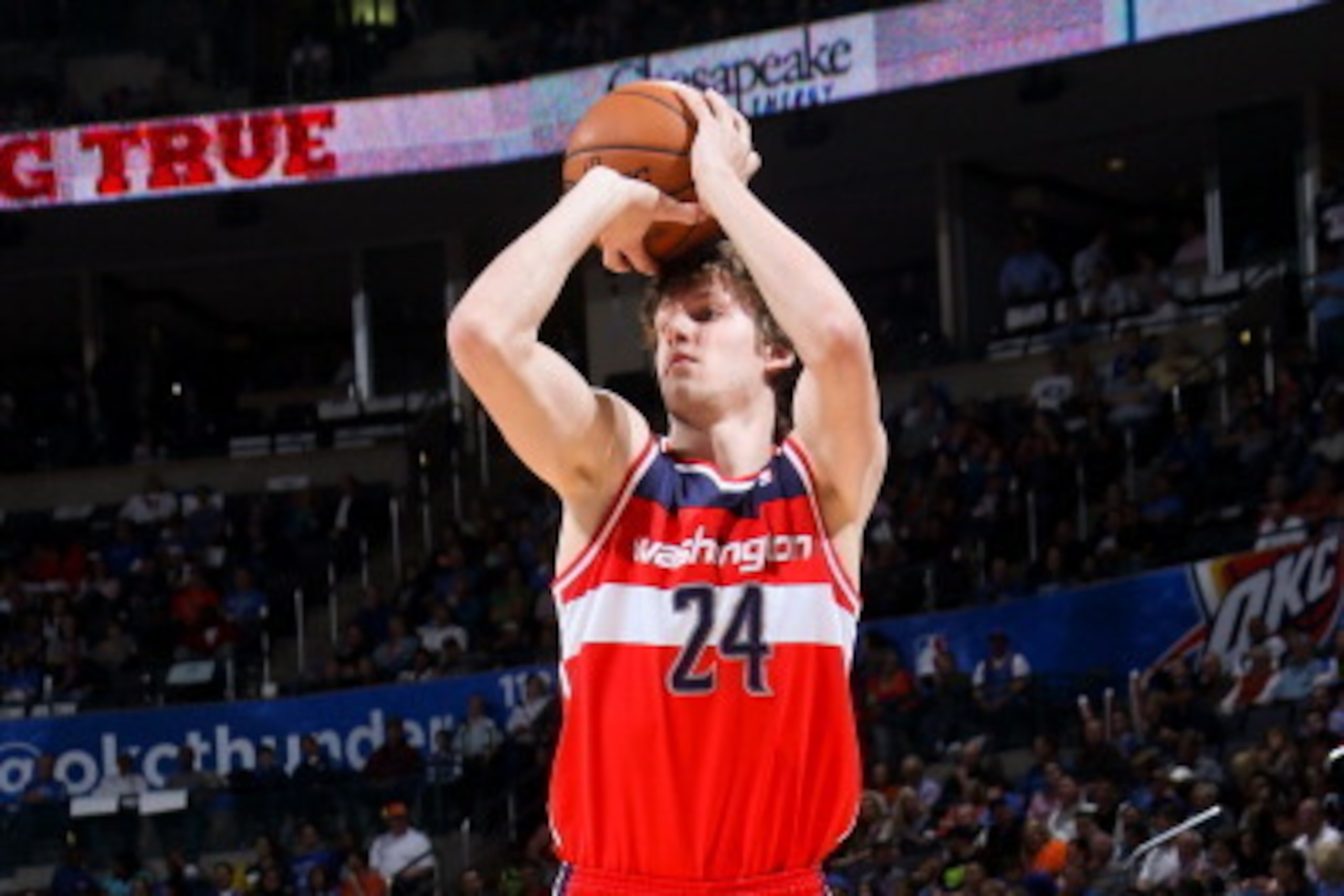OKLAHOMA CITY, OK - MARCH 27: Jan Vesely #24 of the Washington Wizards shoots against the Oklahoma City Thunder on March 27, 2013 at the Chesapeake Energy Arena in Oklahoma City, Oklahoma. NOTE TO USER: User expressly acknowledges and agrees that, by down