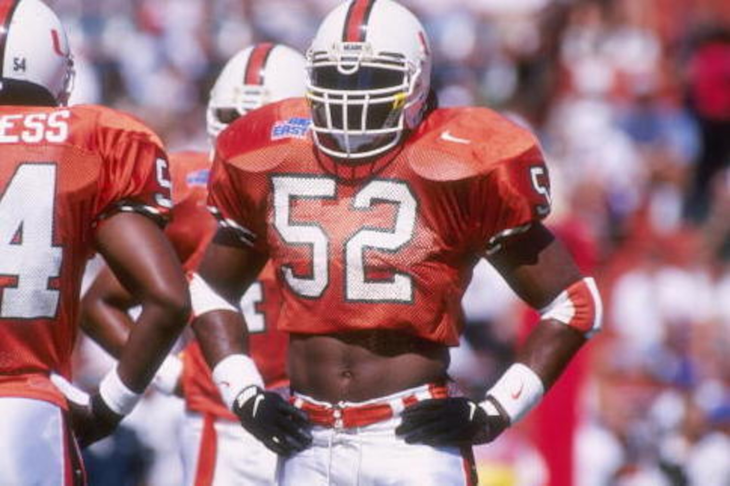 4 Nov 1995:  Ray Lewis of the Miami Hurricanes looks on during a game against the Baylor Bears at the Orange Bowl in Coral Gables, Florida.  Miami won the game, 35-14. Mandatory Credit: Andy Lyons  /Allsport
