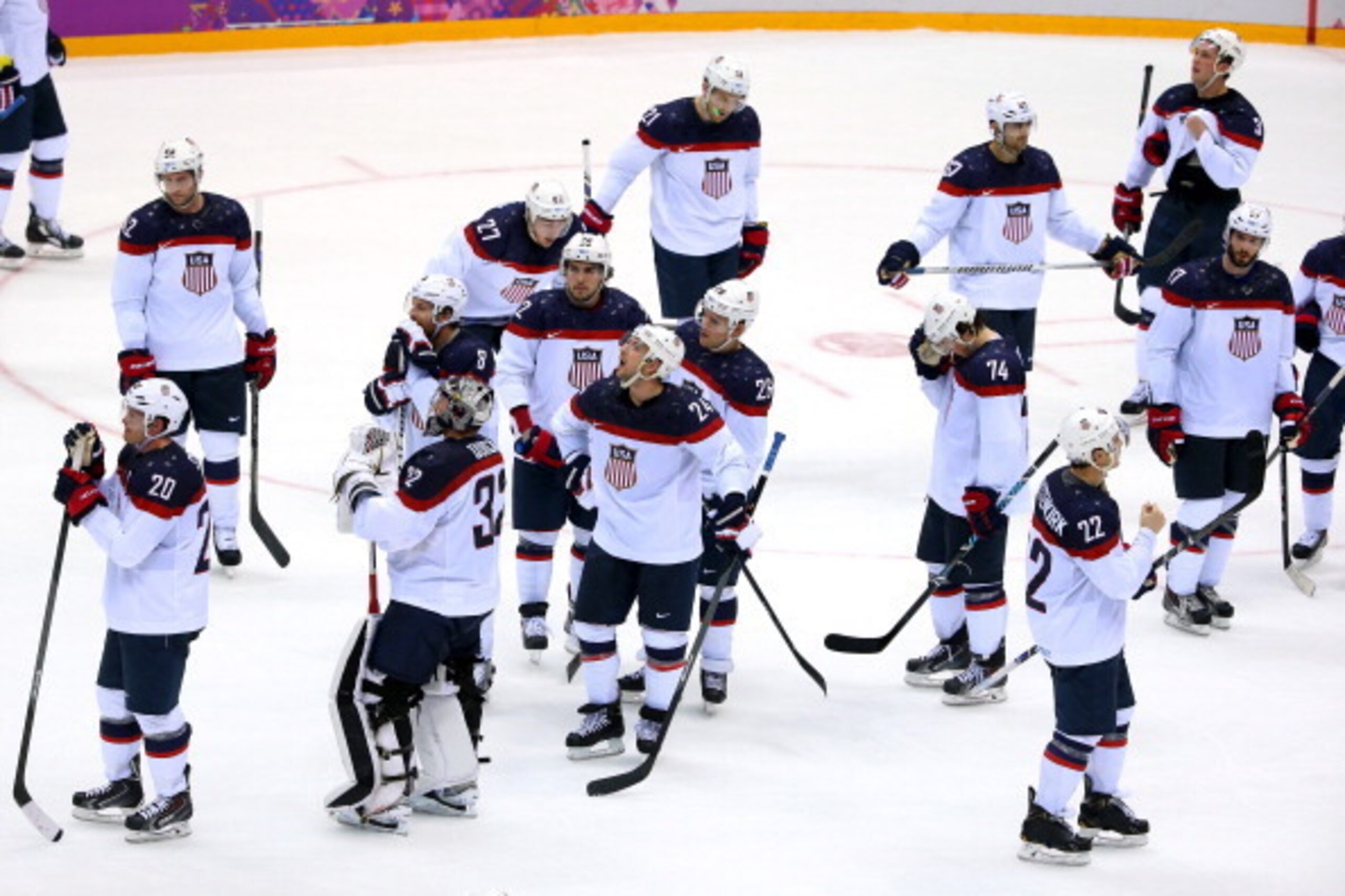 SOCHI, RUSSIA - FEBRUARY 21:  The United States reacts after losing 1-0 to Canada during the Men's Ice Hockey Semifinal Playoff on Day 14 of the 2014 Sochi Winter Olympics at Bolshoy Ice Dome on February 21, 2014 in Sochi, Russia.  (Photo by Julian Finney
