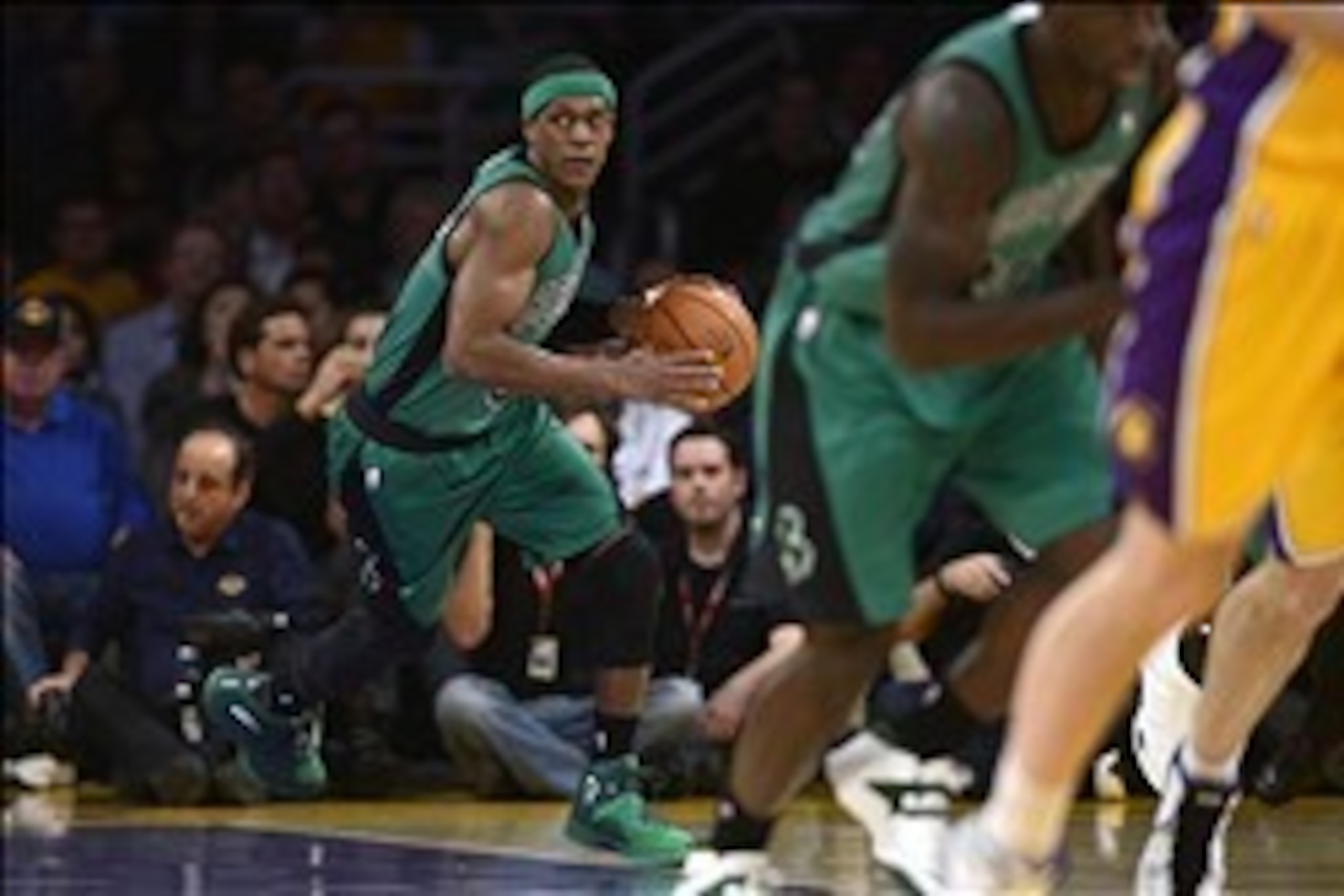 Feb 21, 2014; Los Angeles, CA, USA; Boston Celtics guard Rajon Rondo (9) dribbles the ball against the Los Angeles Lakers during the first quarter at Staples Center. Mandatory Credit: Kelvin Kuo-USA TODAY Sports