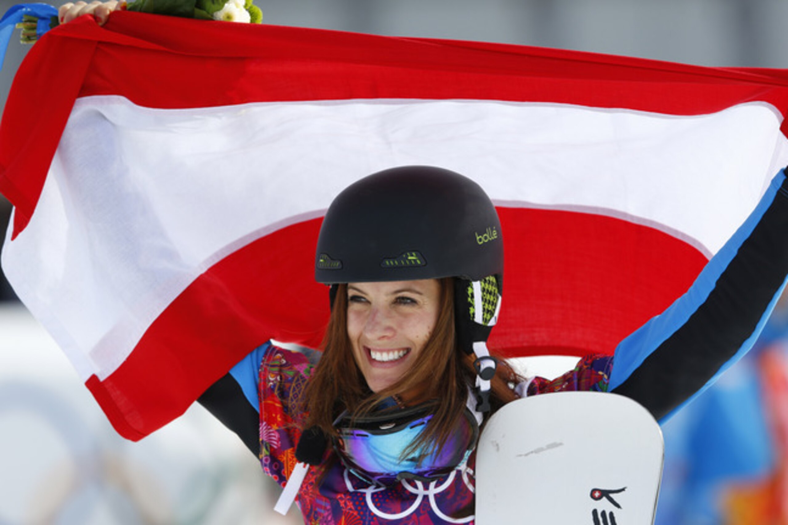 All smiles: Julia Dujmovits celebrates her first-place finish.