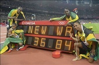 Aug 11, 2012; London, United Kingdom; Usain Bolt (JAM), Yohan Blake (JAM), Michael Frater (JAM) and Nesto Carter (JAM) pose with their new world record after winning the gold in the men's 4x100m relay final during the London 2012 Olympic Games at Olympic 
