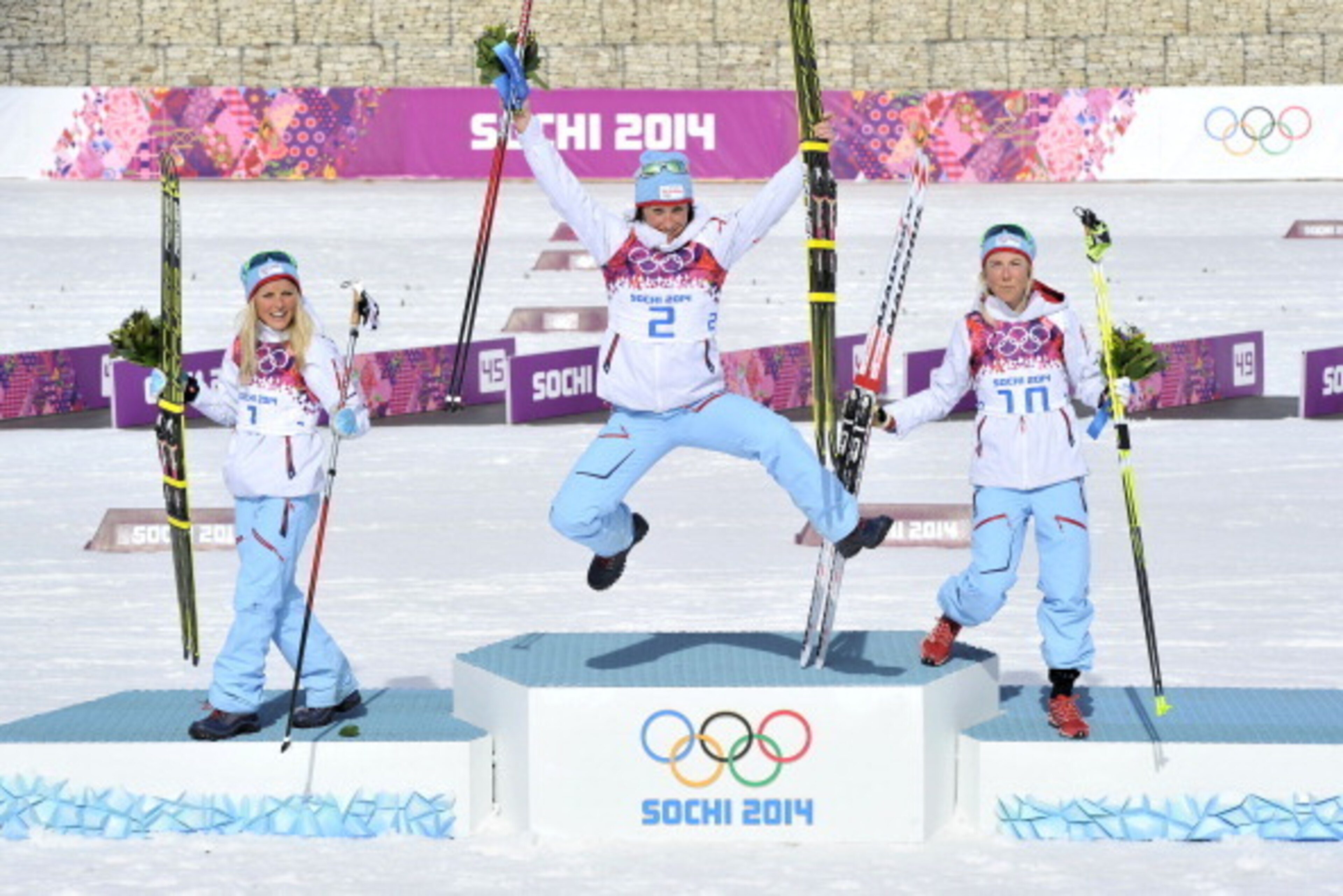 SOCHI, RUSSIA - FEBRUARY 22: (FRANCE OUT) Marit Bjoergen of Norway wins gold medal, Therese Johaug of Norway wins silver medal, Kristin Stoermer Steira of Norway wins bronze medal during the Cross-Country Women's 30km Mass Start at the Laura Cross-country SOCHI, RUSSIA - FEBRUARY 22: (FRANCE OUT) Marit Bjoergen of Norway wins gold medal, Therese Johaug of Norway wins silver medal, Kristin Stoermer Steira of Norway wins bronze medal during the Cross-Country Women's 30km Mass Start at the Laura Cross-country