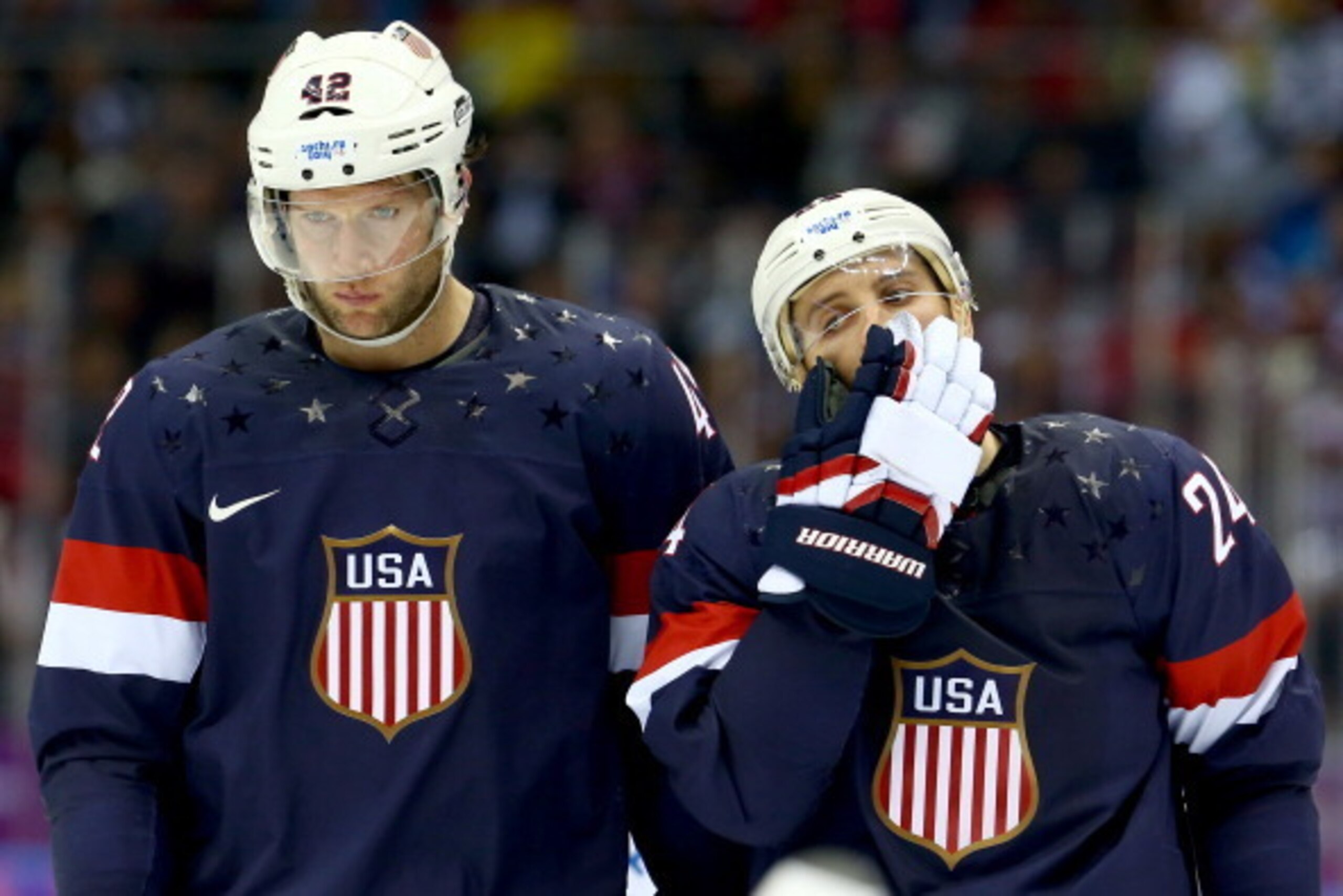 SOCHI, RUSSIA - FEBRUARY 22: David Backes #42 and Ryan Callahan #24 of the United States look on late in the third period against Finland during the Men's Ice Hockey Bronze Medal Game on Day 15 of the 2014 Sochi Winter Olympics at Bolshoy Ice Dome on Febr