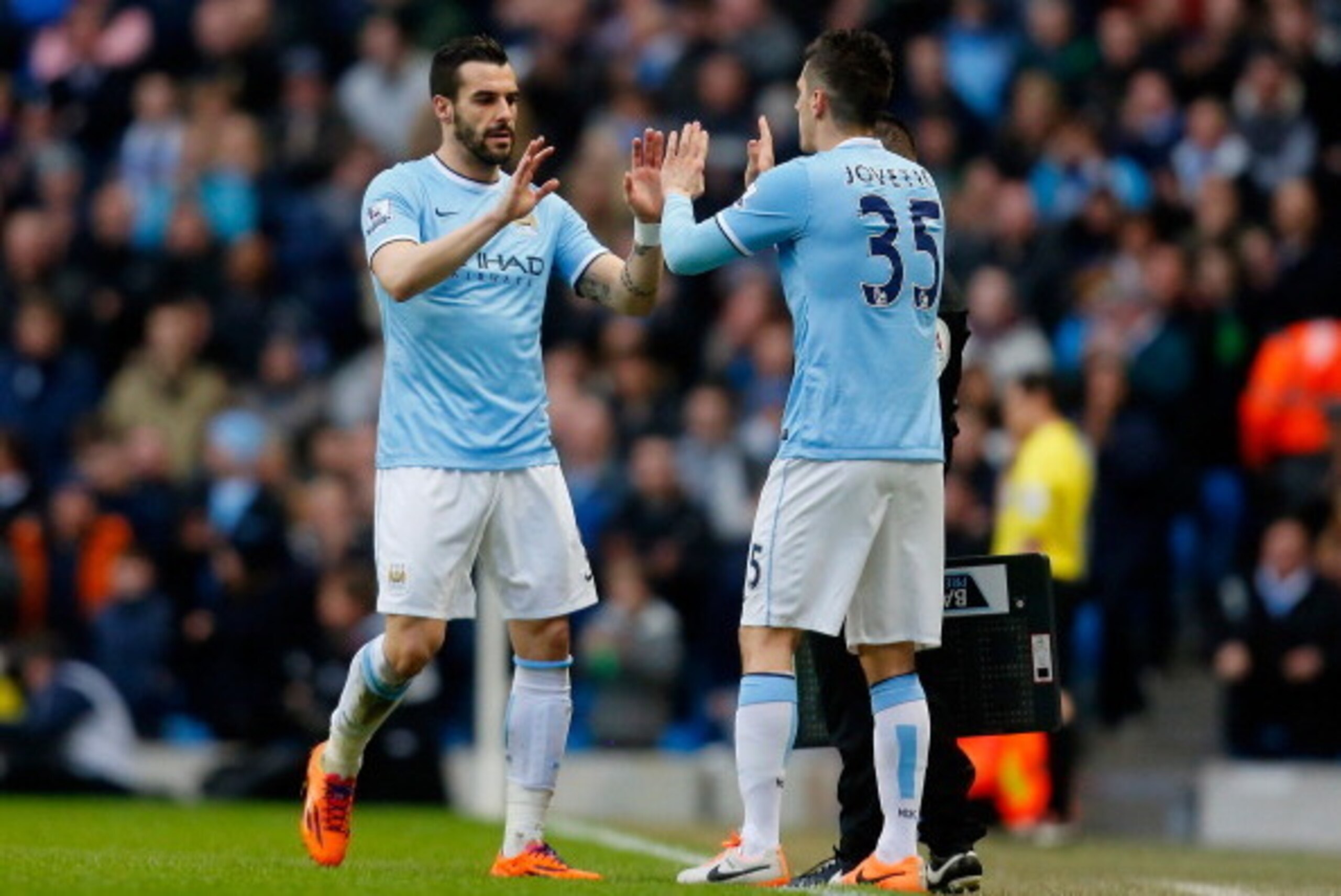 MANCHESTER, ENGLAND - FEBRUARY 22:  Stevan Jovetic of Manchester City replaces Alvaro Negredo  during the Barclays Premier League match between Manchester City and Stoke City at the Etihad Stadium on February 22, 2014 in Manchester, England.  (Photo by Pa