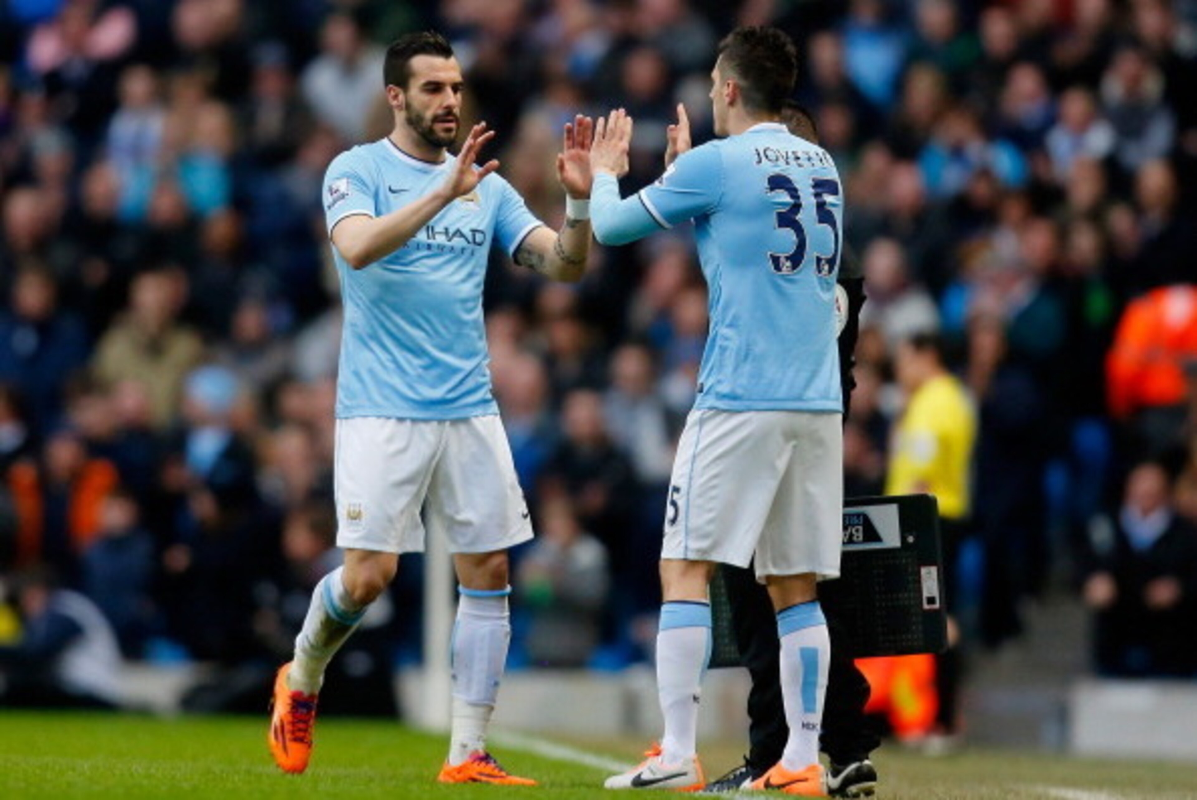 MANCHESTER, ENGLAND - FEBRUARY 22:  Stevan Jovetic of Manchester City replaces Alvaro Negredo  during the Barclays Premier League match between Manchester City and Stoke City at the Etihad Stadium on February 22, 2014 in Manchester, England.  (Photo by Pa