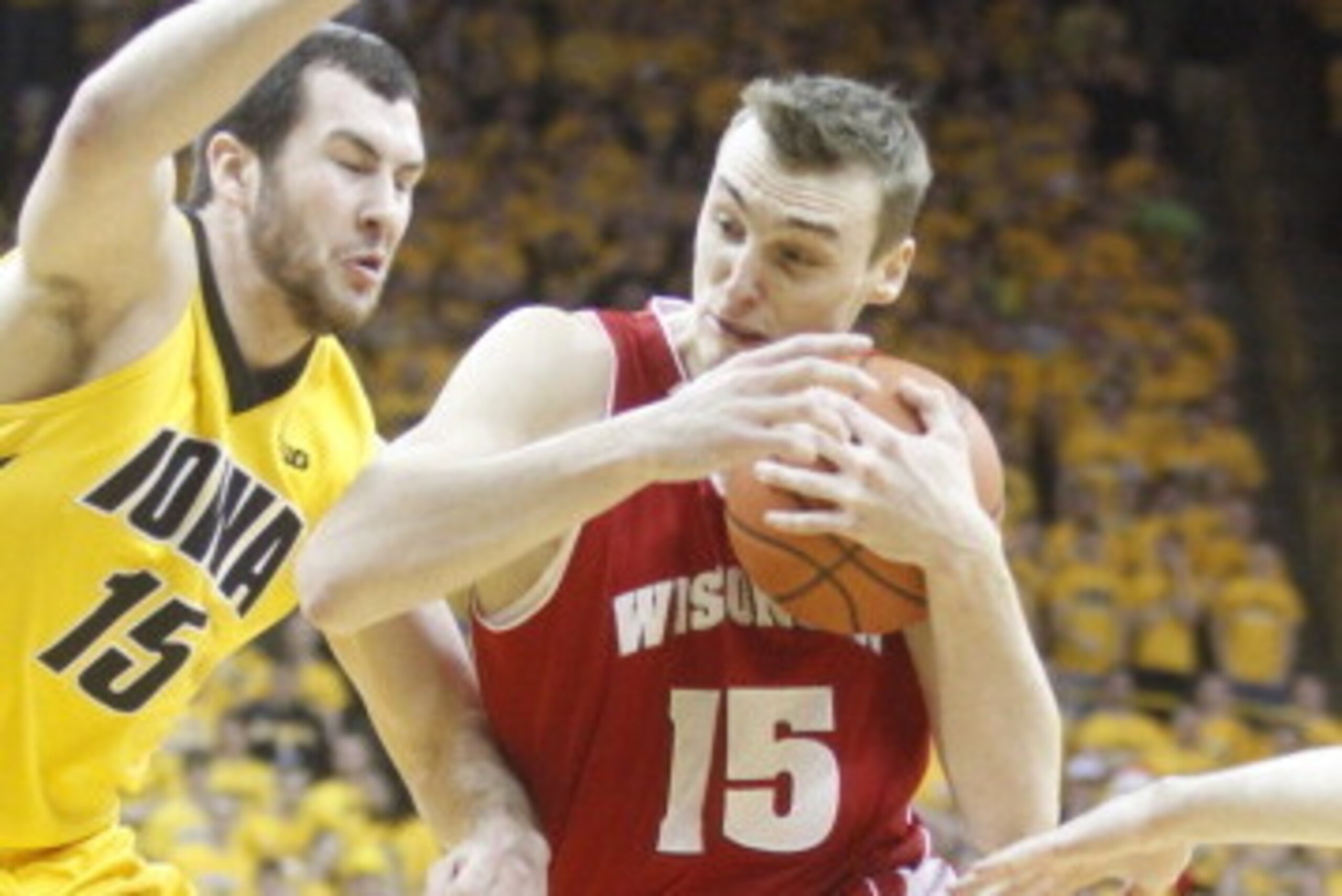 IOWA CITY, IA - FEBRUARY 22: Forward Sam Dekker #15 of the Wisconsin Badgers goes to the basket during the first half against forward Zach McCabe #15 of the Iowa Hawkeyes on February 22, 2014 at Carver-Hawkeye Arena, in Iowa City, Iowa. (Photo by Matthew IOWA CITY, IA - FEBRUARY 22: Forward Sam Dekker #15 of the Wisconsin Badgers goes to the basket during the first half against forward Zach McCabe #15 of the Iowa Hawkeyes on February 22, 2014 at Carver-Hawkeye Arena, in Iowa City, Iowa. (Photo by Matthew