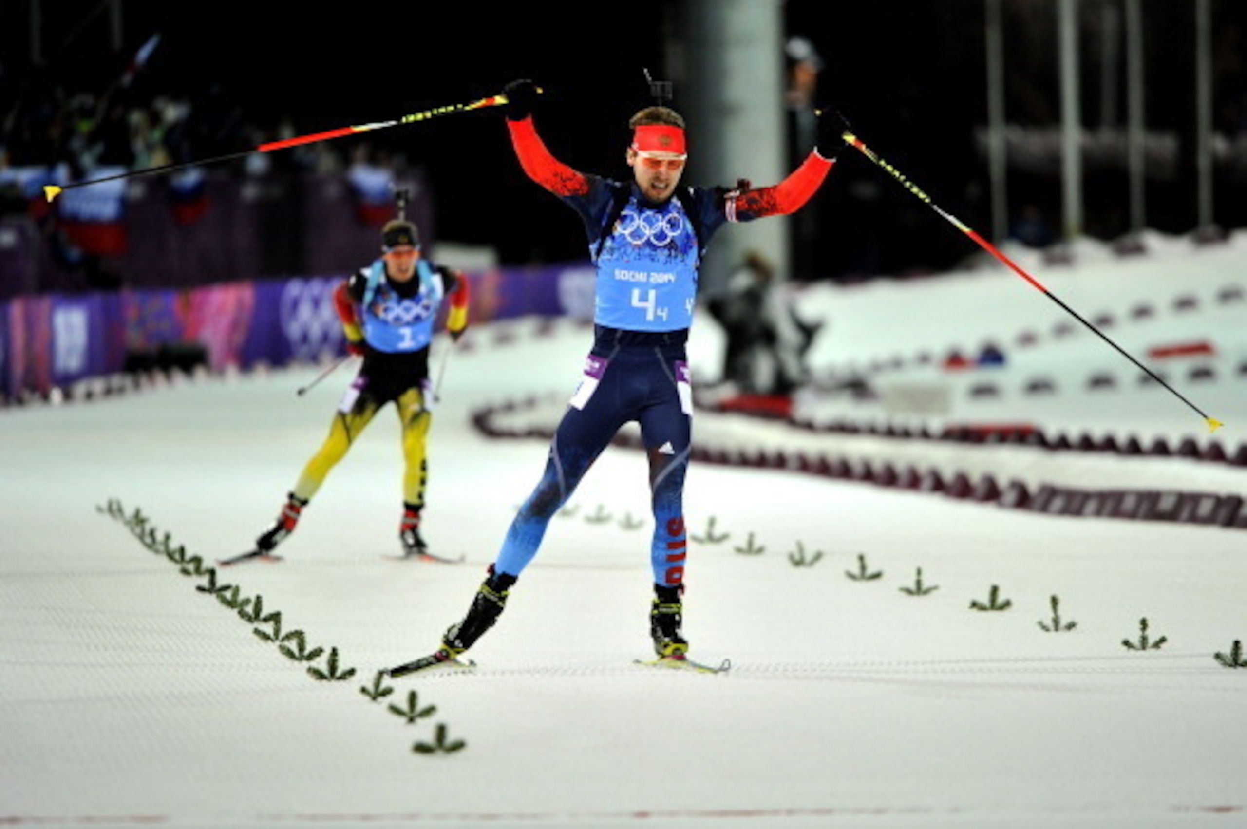 SOCHI, RUSSIA - FEBRUARY 22: (FRANCE OUT) Anton Shipulin of Russia wins gold medal during the Biathlon Men's Relay at the Laura Cross-country Ski & Biathlon Center on February 22, 2014 in Sochi, Russia. (Photo by Vianney Thibaut/Agence Zoom/Getty Images)