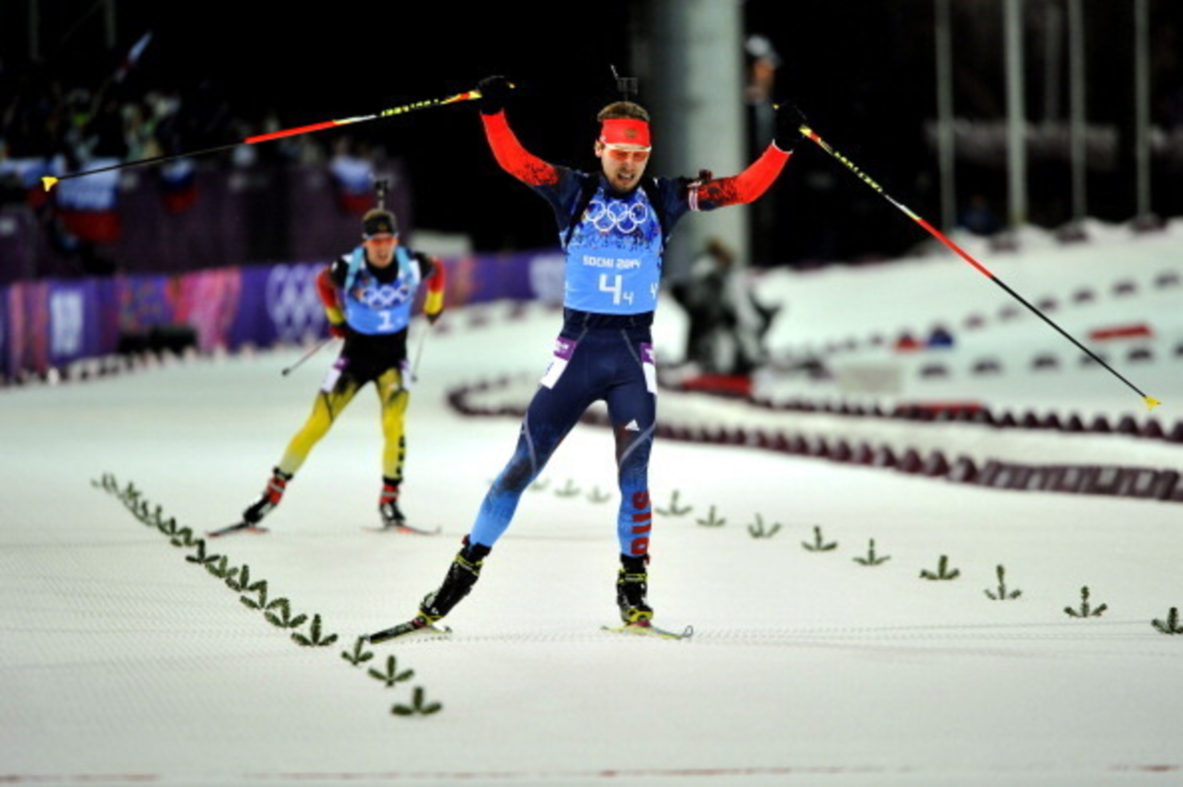 SOCHI, RUSSIA - FEBRUARY 22: (FRANCE OUT) Anton Shipulin of Russia wins gold medal during the Biathlon Men's Relay at the Laura Cross-country Ski & Biathlon Center on February 22, 2014 in Sochi, Russia. (Photo by Vianney Thibaut/Agence Zoom/Getty Images)