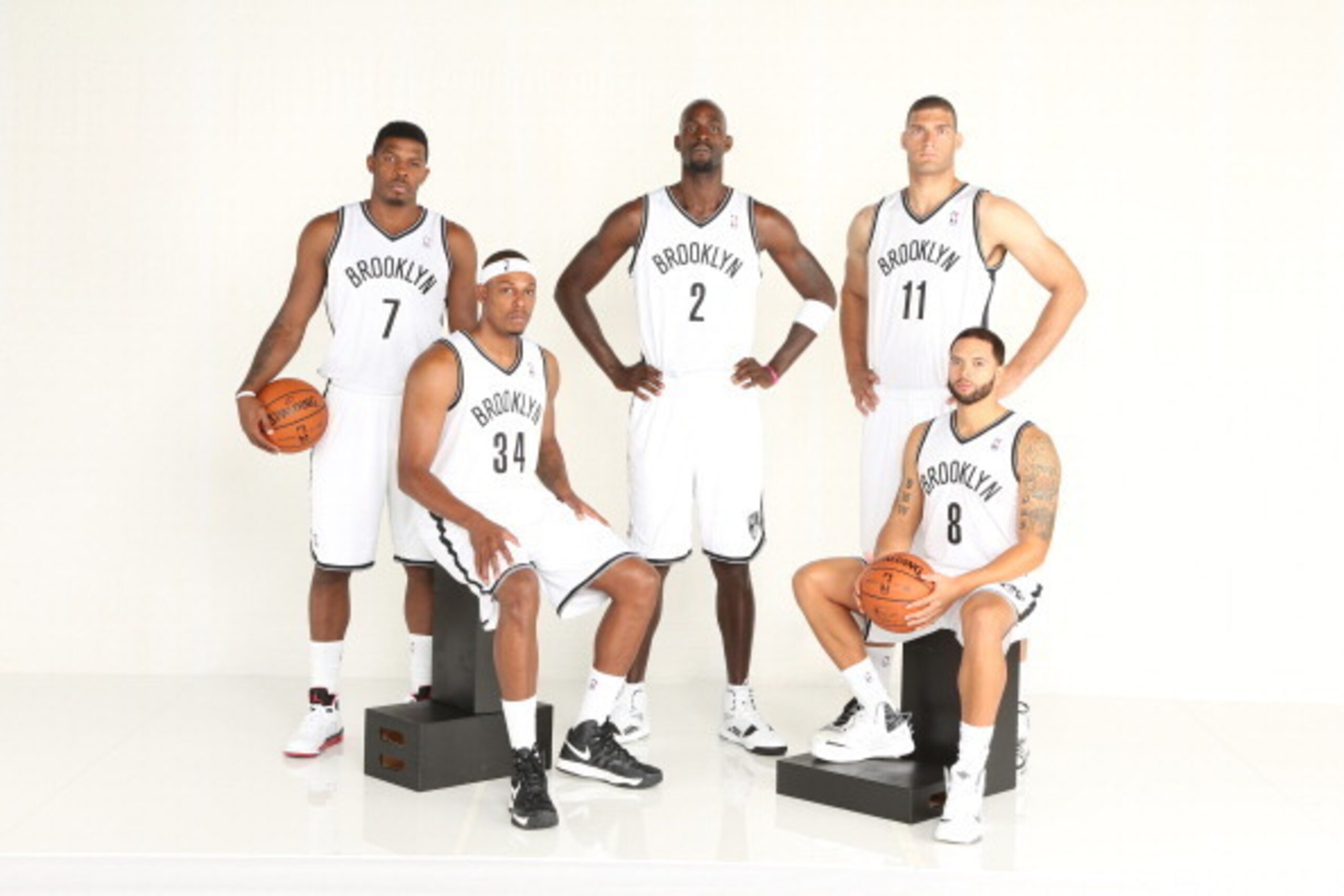 BROOKLYN, NY - SEPTEMBER 30: (L-R) Joe Johnson #7, Paul Pierce #34, Kevin Garnett #2, Brook Lopez #11, and Deron Williams #8 of the Brooklyn Nets pose for a portrait during Media Day at the Barclays Center in Brooklyn, NY. NOTE TO USER: User expressly ack BROOKLYN, NY - SEPTEMBER 30: (L-R) Joe Johnson #7, Paul Pierce #34, Kevin Garnett #2, Brook Lopez #11, and Deron Williams #8 of the Brooklyn Nets pose for a portrait during Media Day at the Barclays Center in Brooklyn, NY. NOTE TO USER: User expressly ack