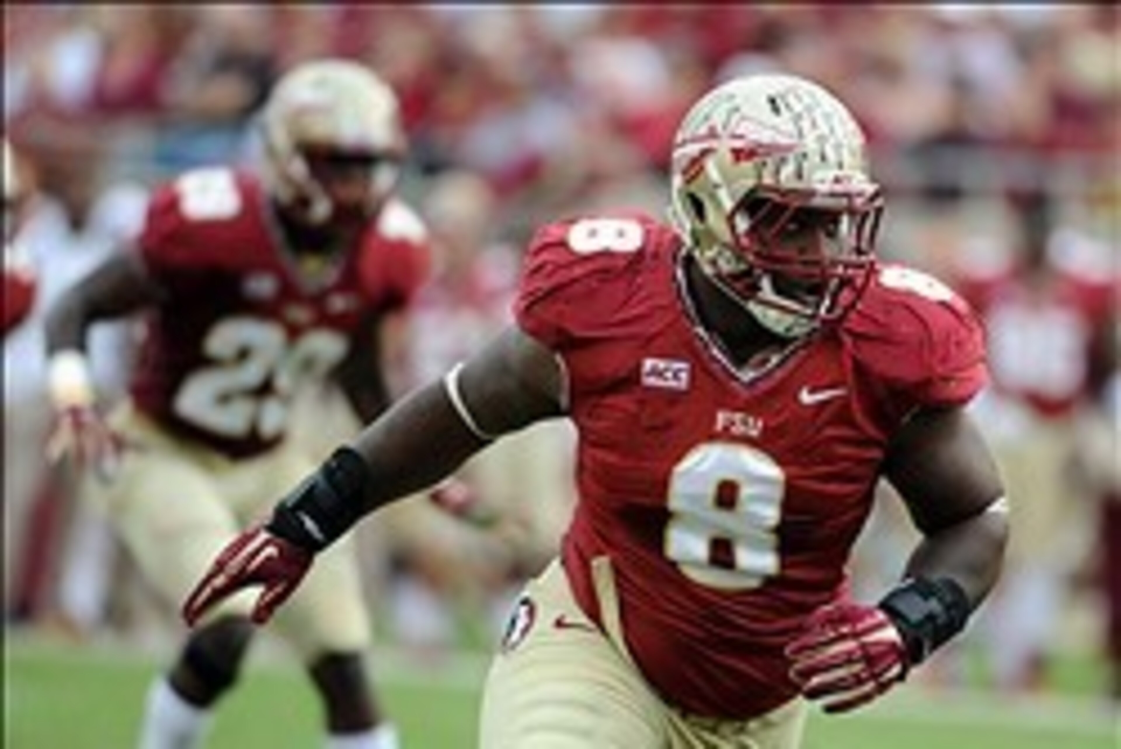 Nov 23, 2013; Tallahassee, FL, USA; Florida State Seminoles defensive tackle Timmy Jernigan (8) during a play in the first half against the Idaho Vandals at Doak Campbell Stadium. Mandatory Credit: Melina Vastola-USA TODAY Sports