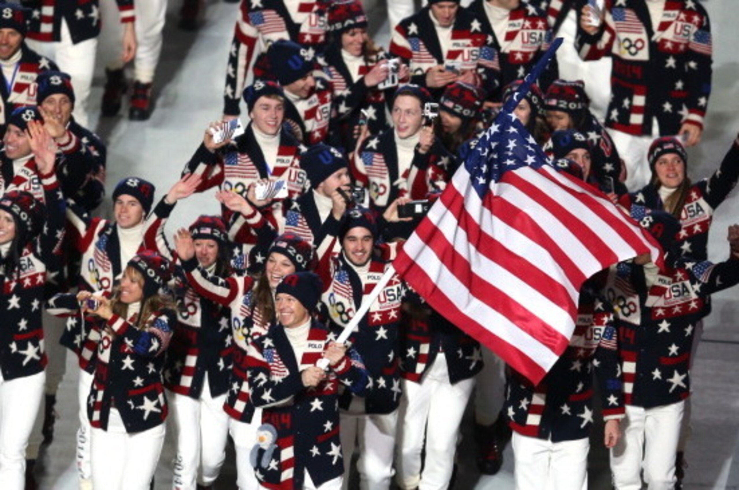 SOCHI, RUSSIA - FEBRUARY 07:  Nordic combined skier Todd Lodwick of the United States Olympic team carries his country's flag during the Opening Ceremony of the Sochi 2014 Winter Olympics at Fisht Olympic Stadium on February 7, 2014 in Sochi, Russia.  (Ph