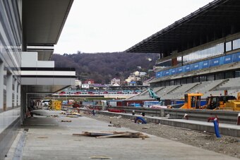 SOCHI, RUSSIA - FEBRUARY 05:  Construction work continues on the Formula One pitlane and main straight at the Sochi International Street Circuit  ahead of the Sochi 2014 Winter Olympics at the Olympic Park on February 5, 2014 in Sochi, Russia.  (Photo by 