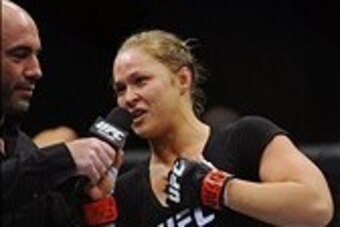 Feb 22, 2014; Las Vegas, NV, USA; Ronda Rousey following her victory in the bantamweight championship match against Sara McMann of UFC 170 at Mandalay Bay.  Mandatory Credit: Stephen R. Sylvanie-USA TODAY Sports