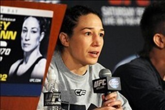Feb 22, 2014; Las Vegas, NV, USA; Sara McMann answers a question during a post-fight press conference after losing to Ronda Rousey in the first round of a women's bantamweight championship fight at Mandalay Bay.  Mandatory Credit: Stephen R. Sylvanie-USA 