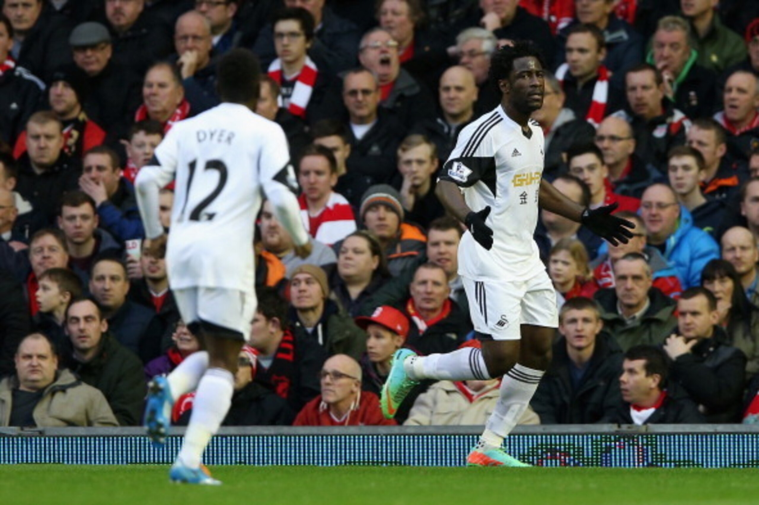 LIVERPOOL, ENGLAND - FEBRUARY 23: Wilfried Bony of Swansea City celebrates scoring his team's second goal during the Barclays Premier League match between Liverpool and Swansea City at Anfield on February 23, 2014 in Liverpool, England. (Photo by Clive LIVERPOOL, ENGLAND - FEBRUARY 23: Wilfried Bony of Swansea City celebrates scoring his team's second goal during the Barclays Premier League match between Liverpool and Swansea City at Anfield on February 23, 2014 in Liverpool, England. (Photo by Clive