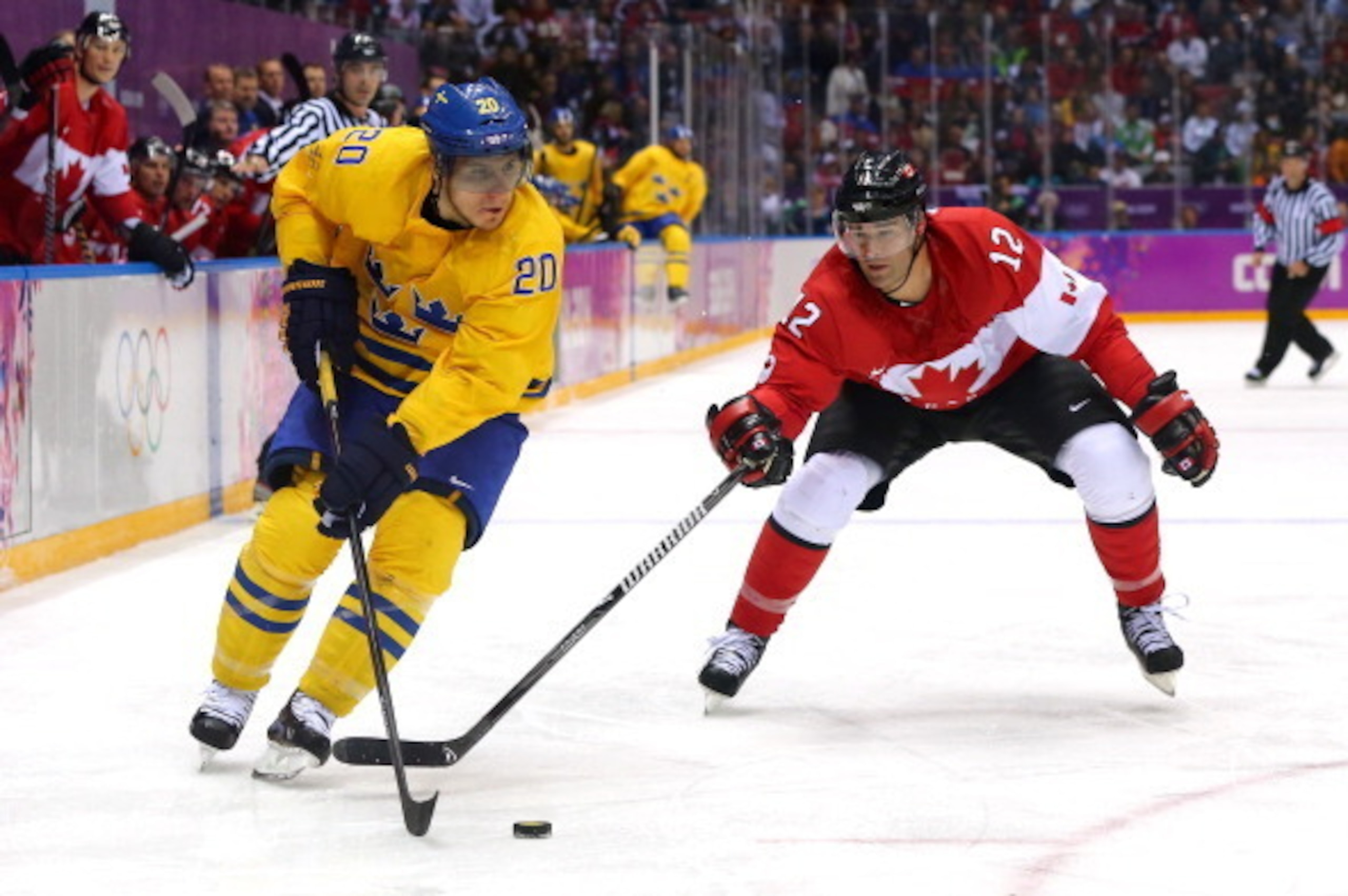 SOCHI, RUSSIA - FEBRUARY 23:  Alexander Steen #20 of Sweden skates against Patrick Marleau #12 of Canada during the Men's Ice Hockey Gold Medal match on Day 16 of the 2014 Sochi Winter Olympics at Bolshoy Ice Dome on February 23, 2014 in Sochi, Russia.  (