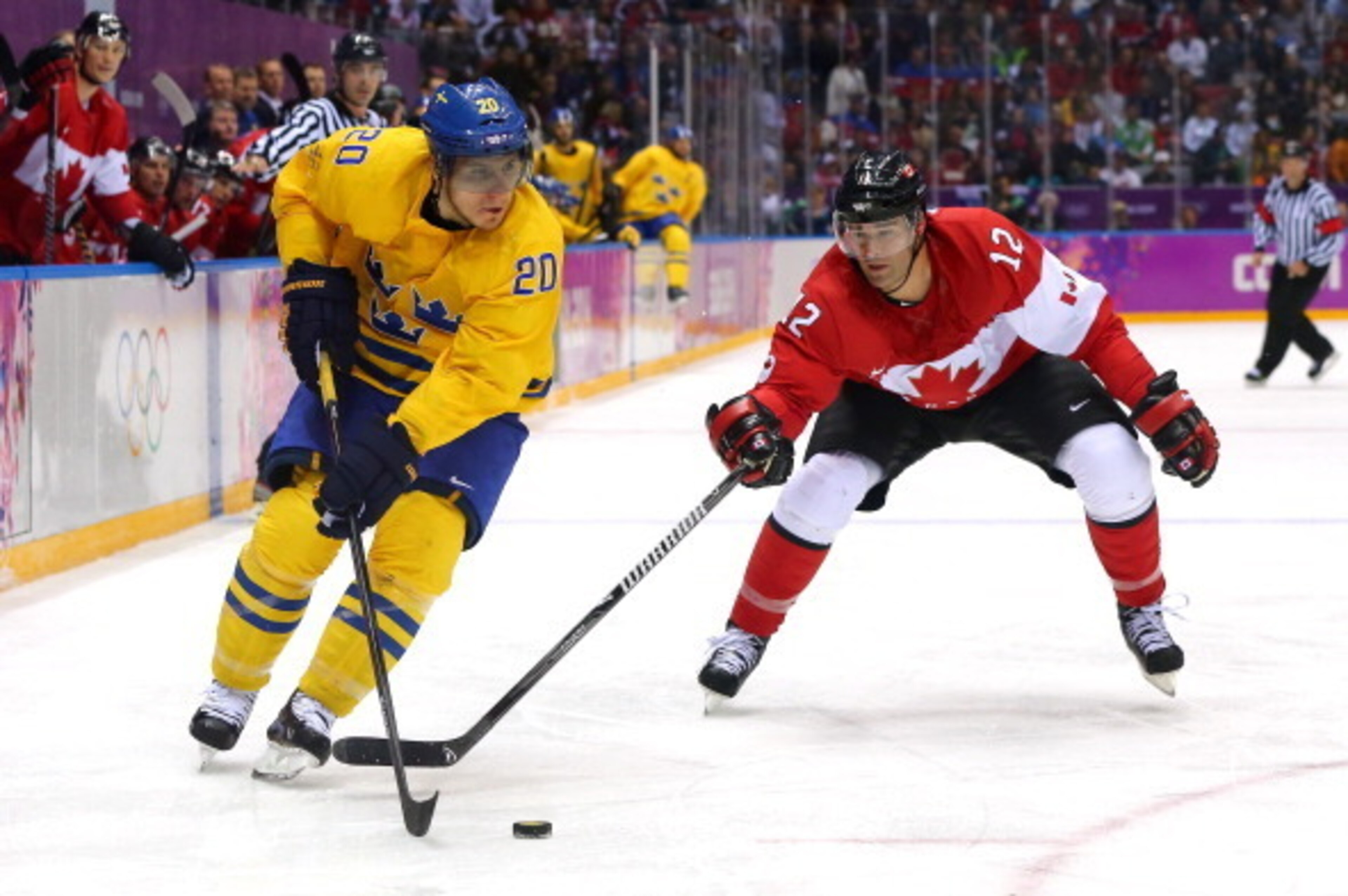 SOCHI, RUSSIA - FEBRUARY 23: Alexander Steen #20 of Sweden skates against Patrick Marleau #12 of Canada during the Men's Ice Hockey Gold Medal match on Day 16 of the 2014 Sochi Winter Olympics at Bolshoy Ice Dome on February 23, 2014 in Sochi, Russia. ( SOCHI, RUSSIA - FEBRUARY 23: Alexander Steen #20 of Sweden skates against Patrick Marleau #12 of Canada during the Men's Ice Hockey Gold Medal match on Day 16 of the 2014 Sochi Winter Olympics at Bolshoy Ice Dome on February 23, 2014 in Sochi, Russia. (