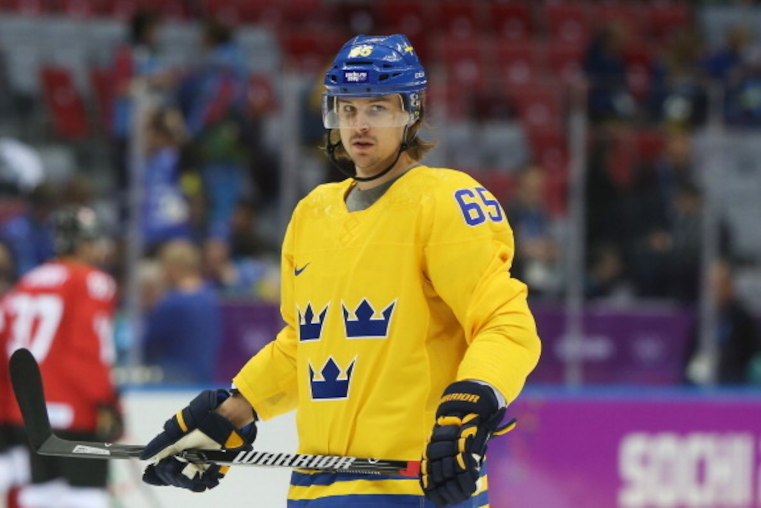 SOCHI, RUSSIA - FEBRUARY 23:  Erik Karlsson #65 of Sweden Warms up prior to the Men's Ice Hockey Gold Medal match against Canada on Day 16 of the 2014 Sochi Winter Olympics at Bolshoy Ice Dome on February 23, 2014 in Sochi, Russia.  (Photo by Bruce Bennet