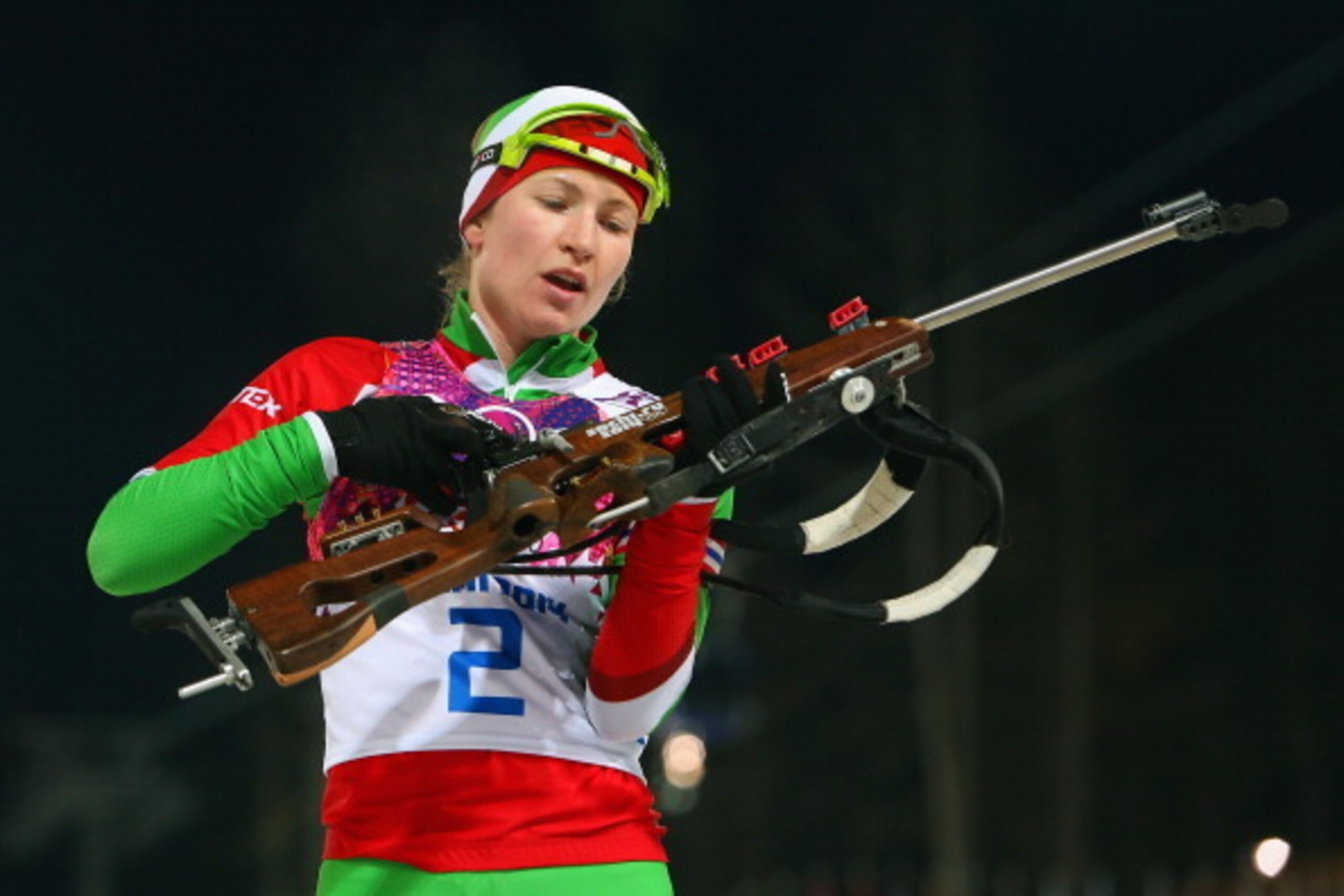 SOCHI, RUSSIA - FEBRUARY 17:  Darya Domracheva of Belarus competes in the Women's 12.5 km Mass Start during day ten of the Sochi 2014 Winter Olympics at Laura Cross-country Ski & Biathlon Center on February 17, 2014 in Sochi, Russia.  (Photo by Alexander 