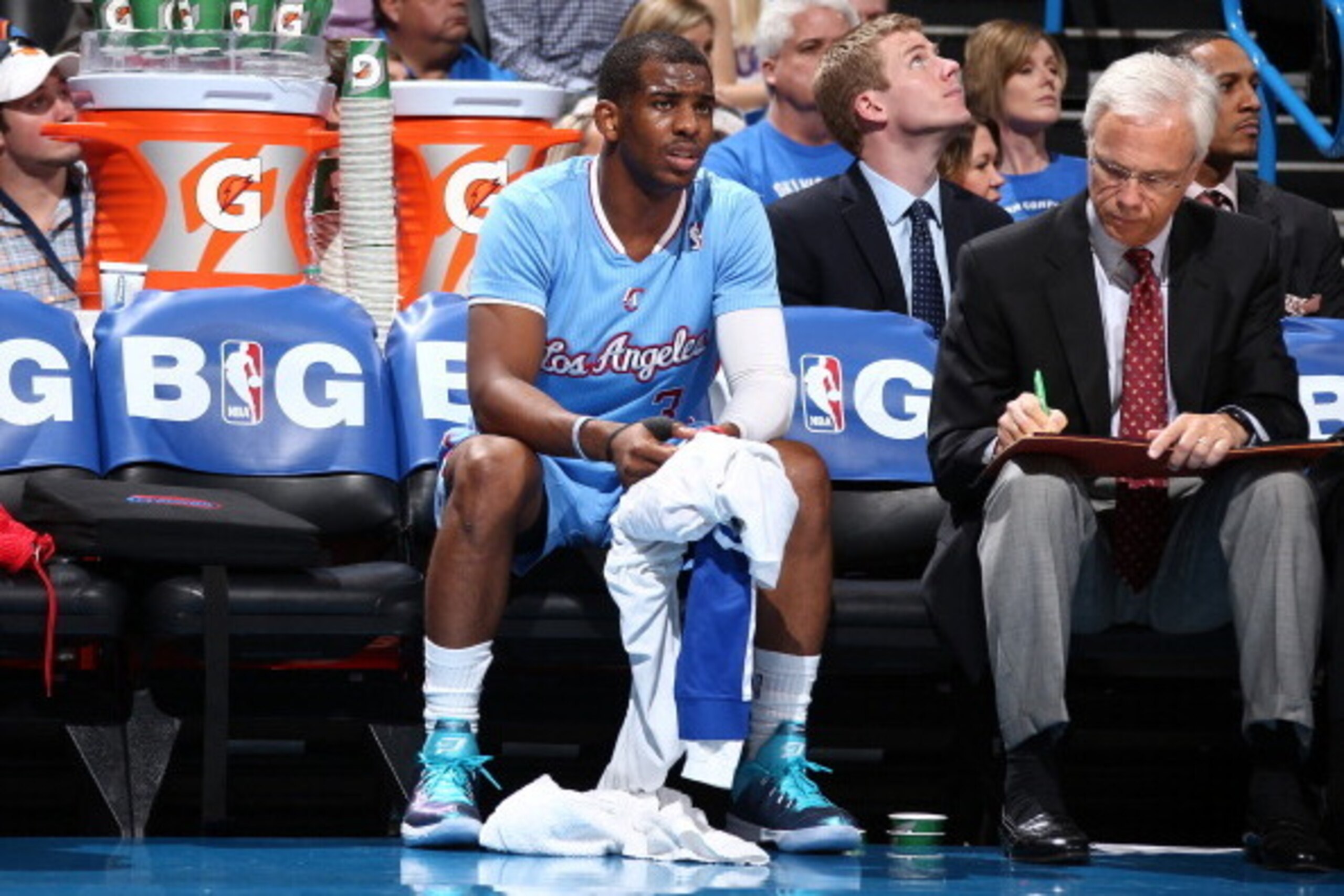 OKLAHOMA CITY, OK - FEBRUARY 23: Chris Paul #3 of the Los Angeles Clippers looks on against the Los Angeles Clippers during a game at Chesapeake Energy Arena on February 23, 2014 in Oklahoma City, Oklahoma. NOTE TO USER: User expressly acknowledges and ag OKLAHOMA CITY, OK - FEBRUARY 23: Chris Paul #3 of the Los Angeles Clippers looks on against the Los Angeles Clippers during a game at Chesapeake Energy Arena on February 23, 2014 in Oklahoma City, Oklahoma. NOTE TO USER: User expressly acknowledges and ag