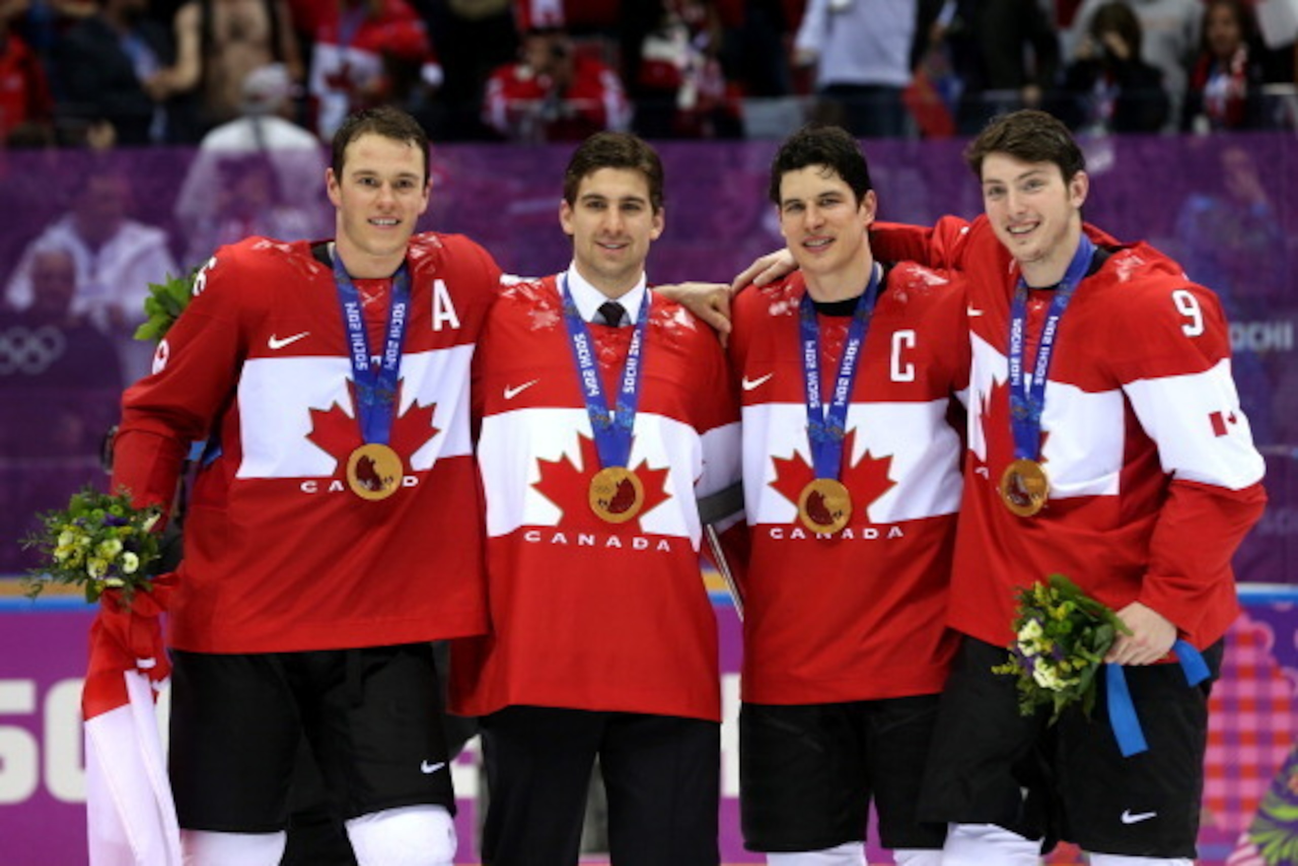 SOCHI, RUSSIA - FEBRUARY 23: (L-R) Jonathan Toews #16, John Tavares #20, Sidney Crosby #87 and Matt Duchene #9 of Canada during the Men's Ice Hockey Gold Medal match on Day 16 of the 2014 Sochi Winter Olympics at Bolshoy Ice Dome on February 23, 2014 in SOCHI, RUSSIA - FEBRUARY 23: (L-R) Jonathan Toews #16, John Tavares #20, Sidney Crosby #87 and Matt Duchene #9 of Canada during the Men's Ice Hockey Gold Medal match on Day 16 of the 2014 Sochi Winter Olympics at Bolshoy Ice Dome on February 23, 2014 in