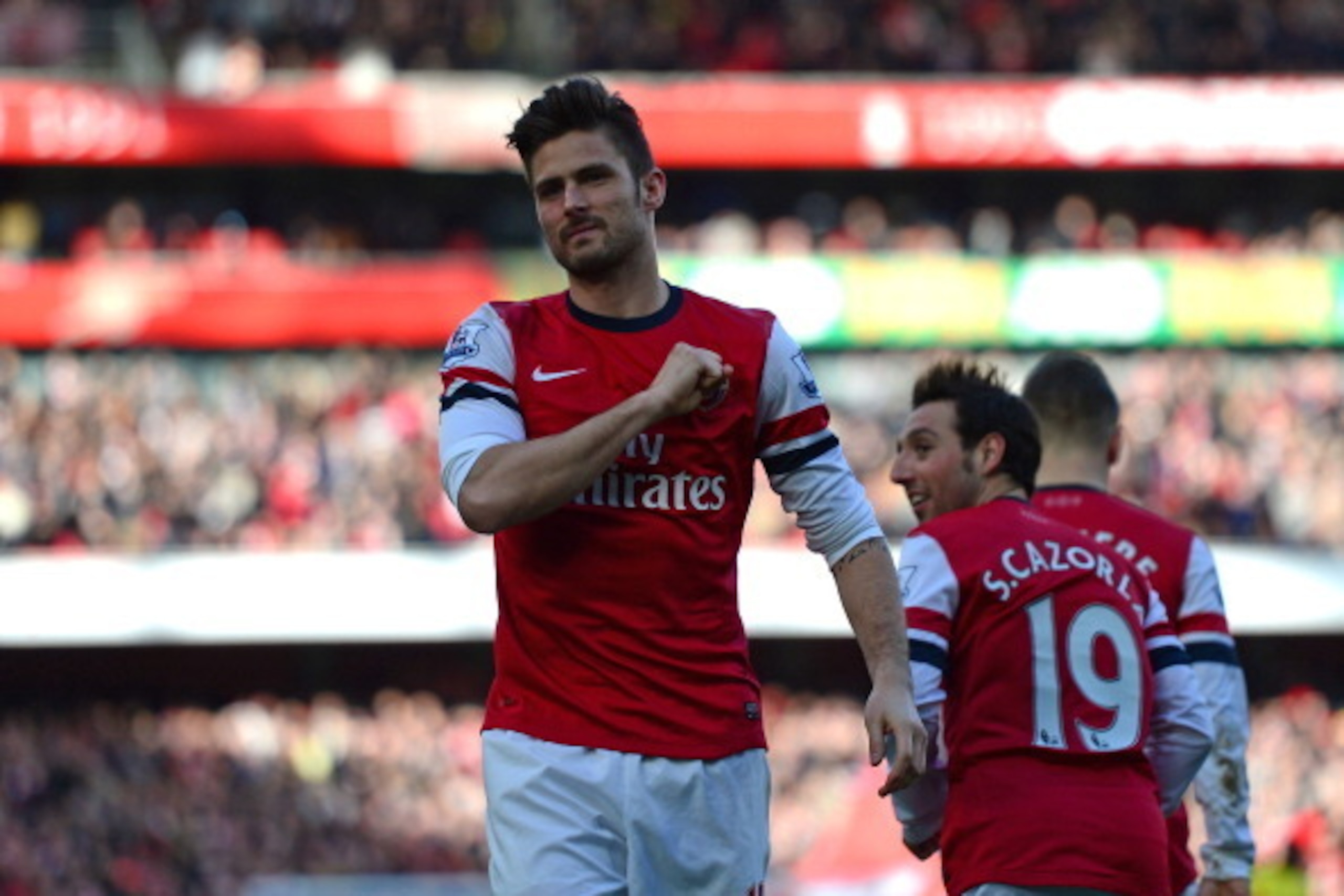 LONDON, ENGLAND - FEBRUARY 22:  Olivier Giroud of Arsenal celebrates after scoring a goal during the Barclays Premier League match between Arsenal and Sunderland at Emirates Stadium on February 22, 2014 in London, England.  (Photo by Jamie McDonald/Getty 