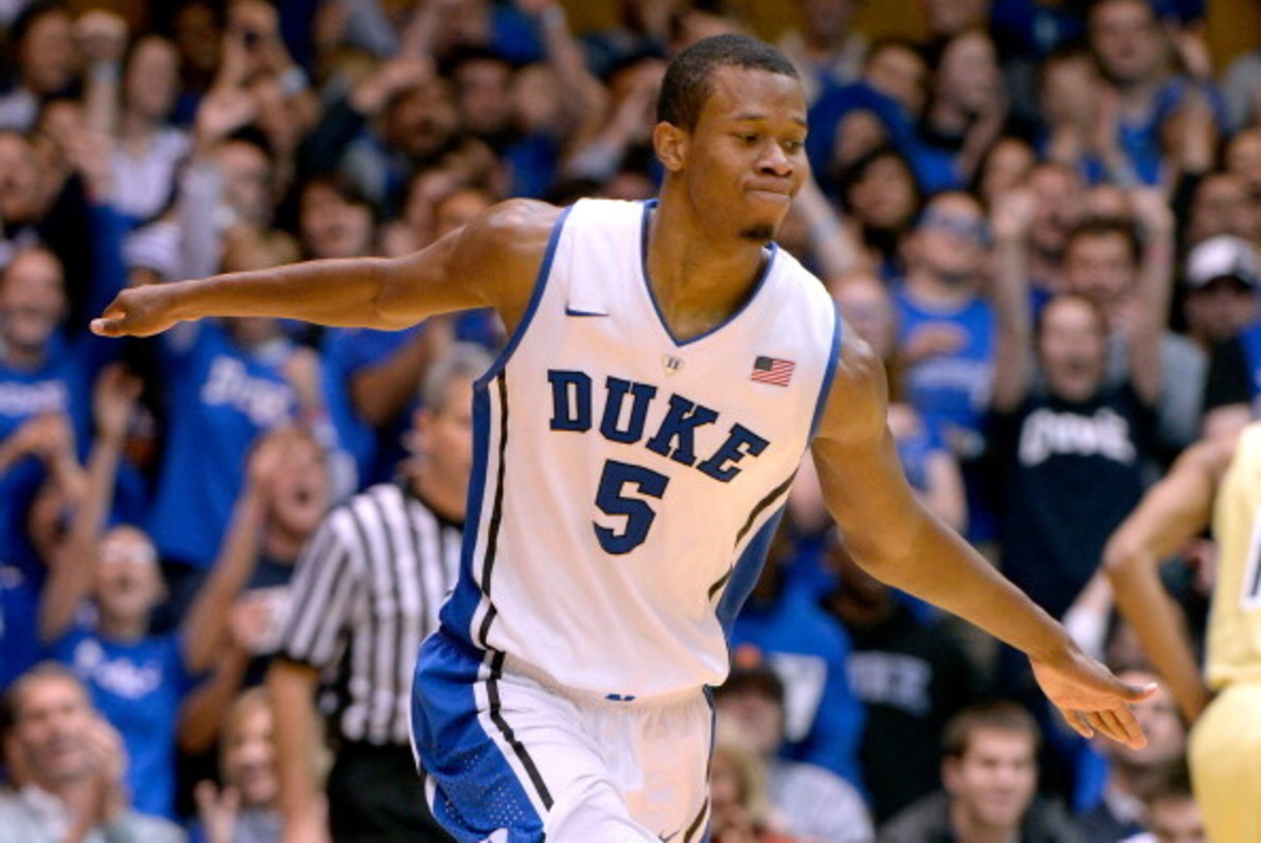 DURHAM, NC - JANUARY 07:  Rodney Hood #5 of the Duke Blue Devils reacts after making a three-point basket against the Georgia Tech Yellow Jackets during their game at Cameron Indoor Stadium on January 7, 2014 in Durham, North Carolina. Duke won 79-57.  (P