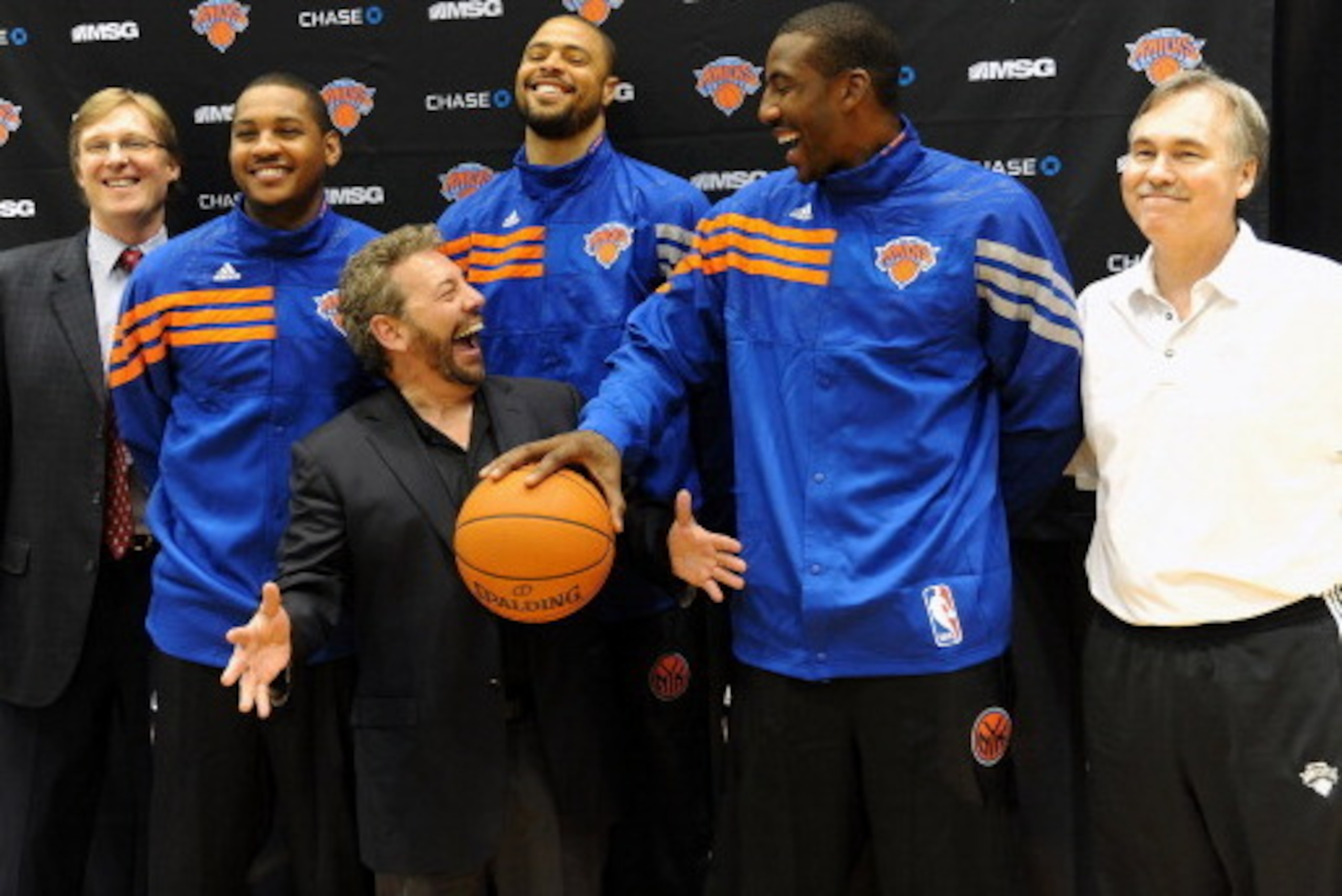 GREENBURGH, NY - DECEMBER 10: (L-R) New York Knicks Senior Vice President and Interim General Manager Glen Grunwald, Carmelo Anthony, Tyson Chandler, Amar'e Stoudemire, Head Coach Mike D'Antoni and Executive Chairman of Madison Square Garden James Dolan d